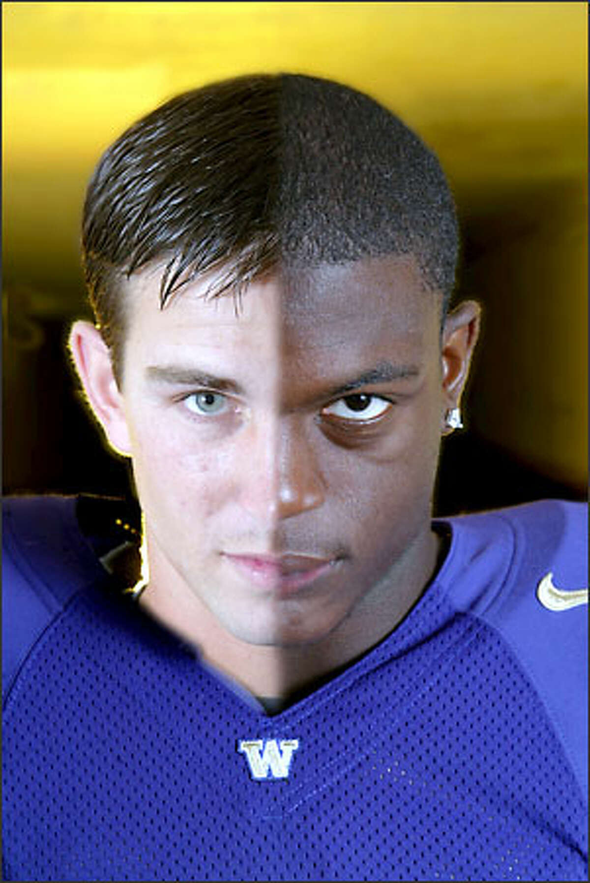 Eklund: "This is a photo illustration, merging the faces of Husky quarterback Cody Pickett and wide receiver Reggie Williams. Prior to the start of the football season, both were legitimate Heisman Trophy candidates. There was very little manipulation done in Photoshop other than bringing their faces together. It was amazing how well their features matched up."