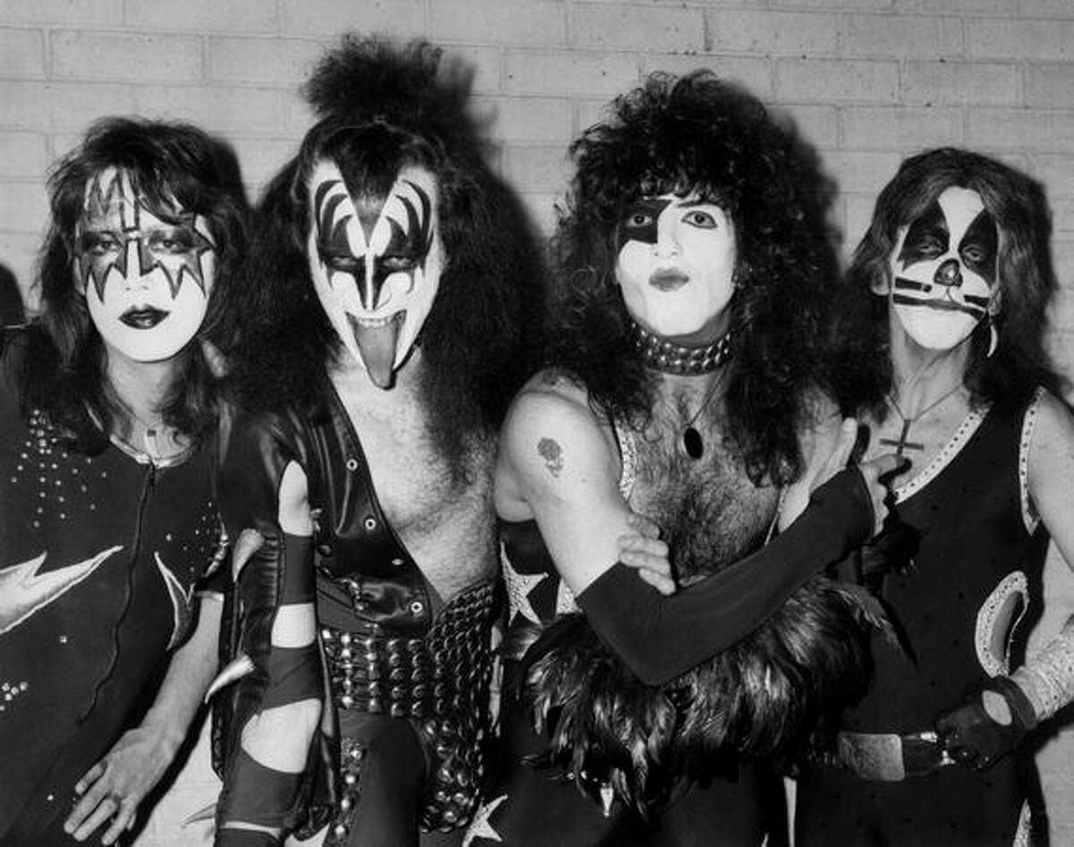 10th May 1976: American rock group Kiss arrive at London airport for their first European tour, already sporting black and silver makeup and costumes. From left to right they are lead guitarist Ace Frehley, bassist Gene Simmons, lead vocalist and rhythm guitarist Paul Stanley and drummer Peter Criss.