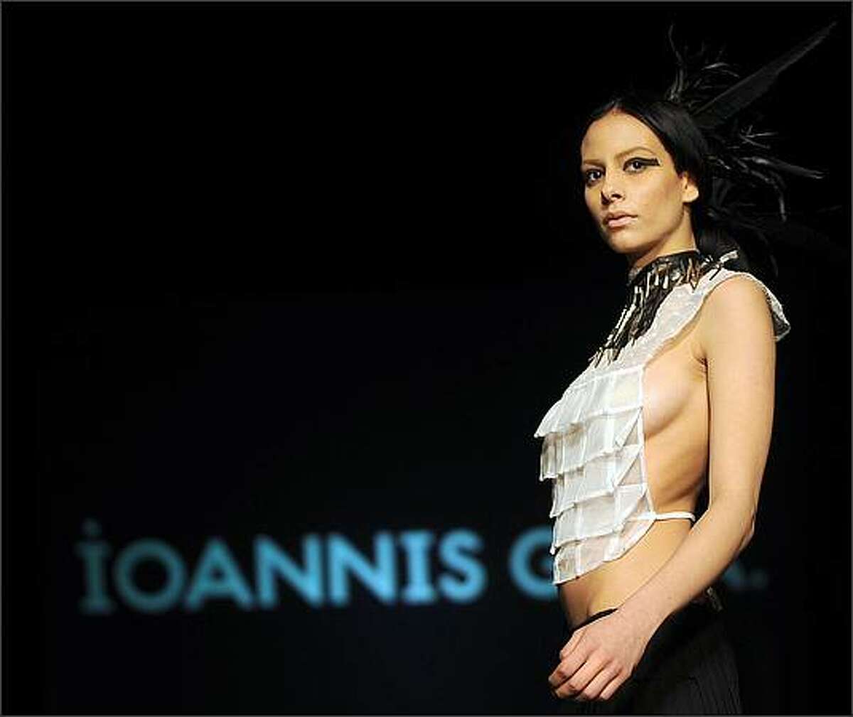 A model displays a creation by Greek fashion designer Ioannis Guia during the Fashion Week Tunis on April 10.