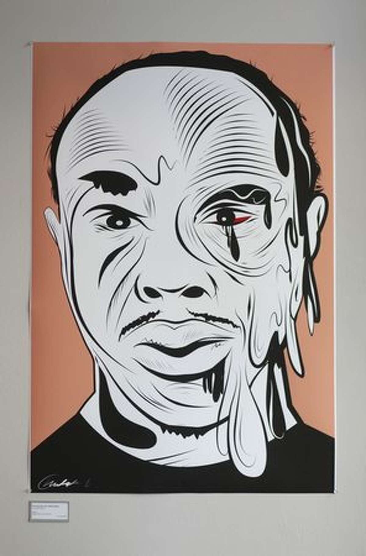 "One Eye Can Tell a Whole Story" by Christophe Roberts, a digital print, is shown at pun(c)tuation art gallery on East Pike Street in Seattle on Tuesday May 11, 2010. Art at the show deals with the issue of Alley-Barnes and his beating by Seattle Police officers in 2005.