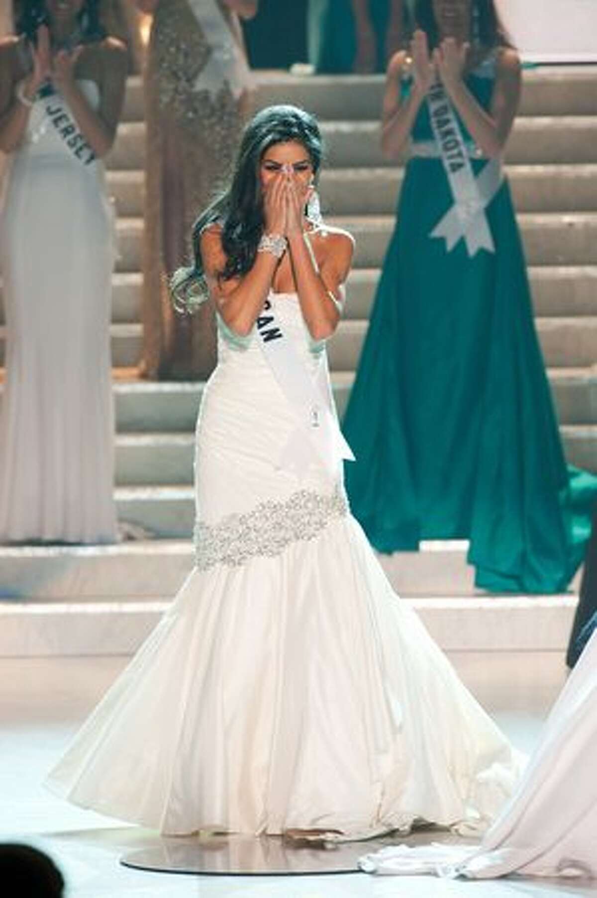 Rima Fakih, 24, of Dearborn, Mich., reacts after being named Miss USA 2010.