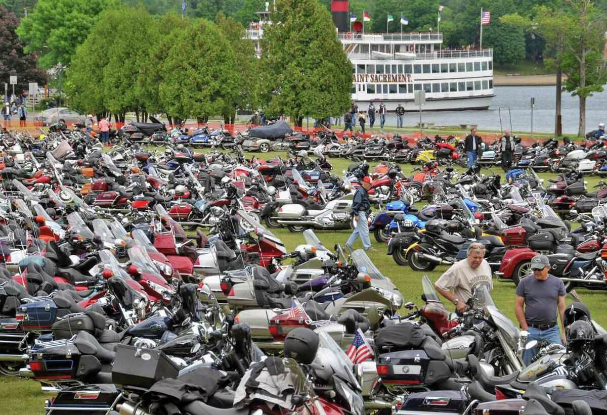 Motorcycles crowd a parking lot June 8 along Beach Road on Lake George for the annual Americade. (John Carl D'Annibale / Times Union)