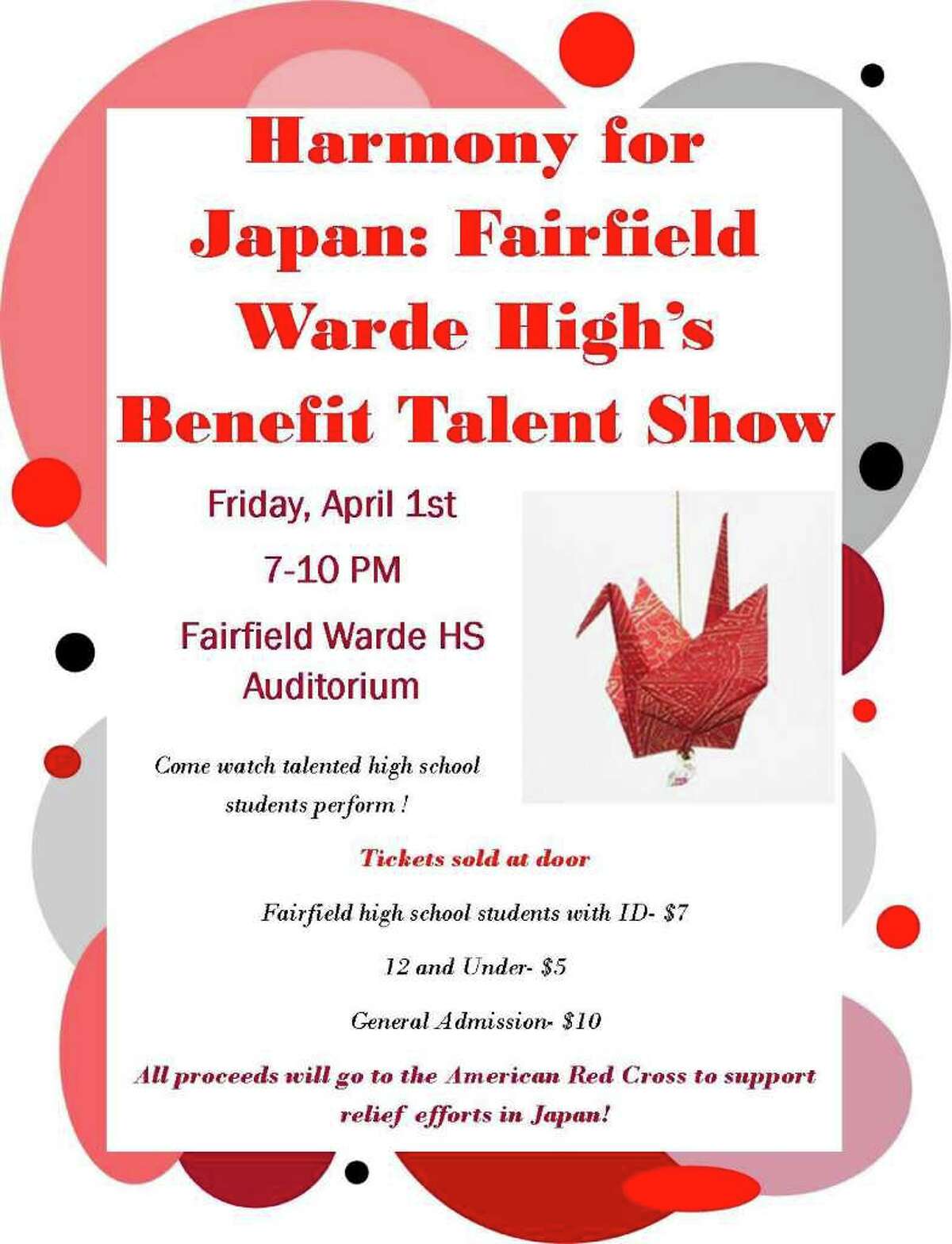 The Interact Club at Fairfield Warde High School, which puts on a benefit concert ever year, has decided to call this year's event "Harmony for Japan." Featuring talented members of the school community, all proceeds will be sent to Japan through the American Red Cross Foundation.
