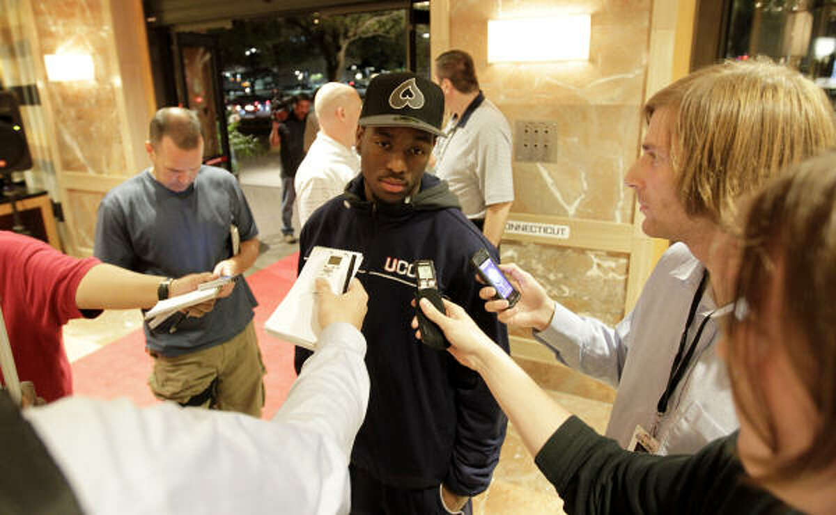 Connecticut guard Kemba Walker speaks to the media in the lobby of the hotel in Houston for the Final Four.