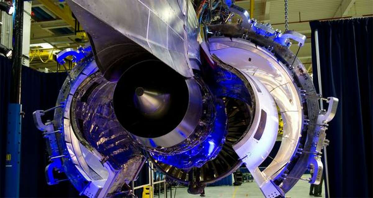 Pratt & Whitney's first PurePower PW1217G engine to test for the Mitsubishi Regional Jet, pictured during a last-bolt ceremony at Pratt's engine center in Middletown, Conn.