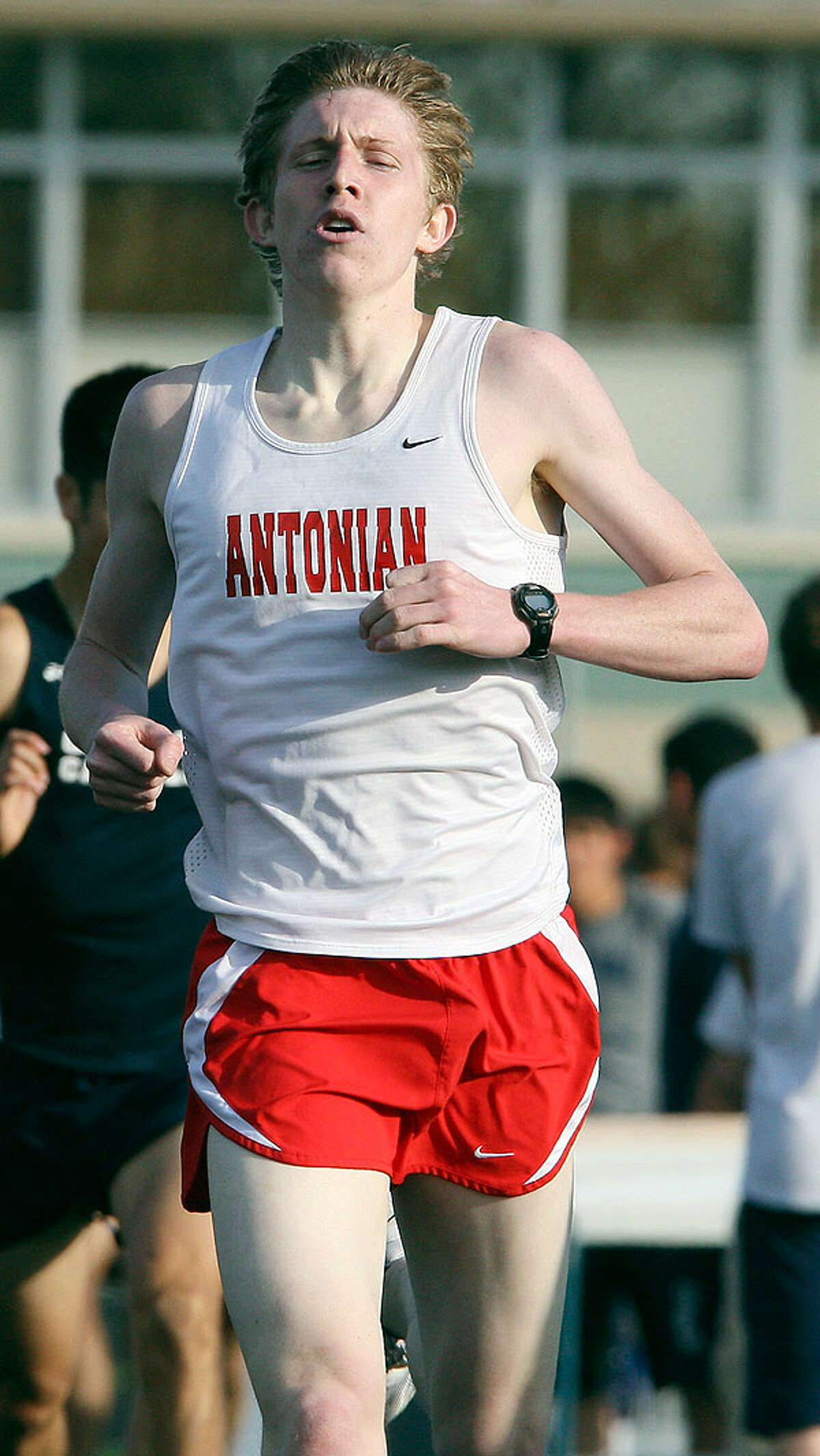 Antonian's Andrew Gazda crosses the finish line in the 800-meter run during the TAPPS 2-5A District Track Meet Thursday March 31, 2011 at Central Catholic High School. Gazda finished in first place.  EDWARD A. ORNELAS/eaornelas@express-news.net)