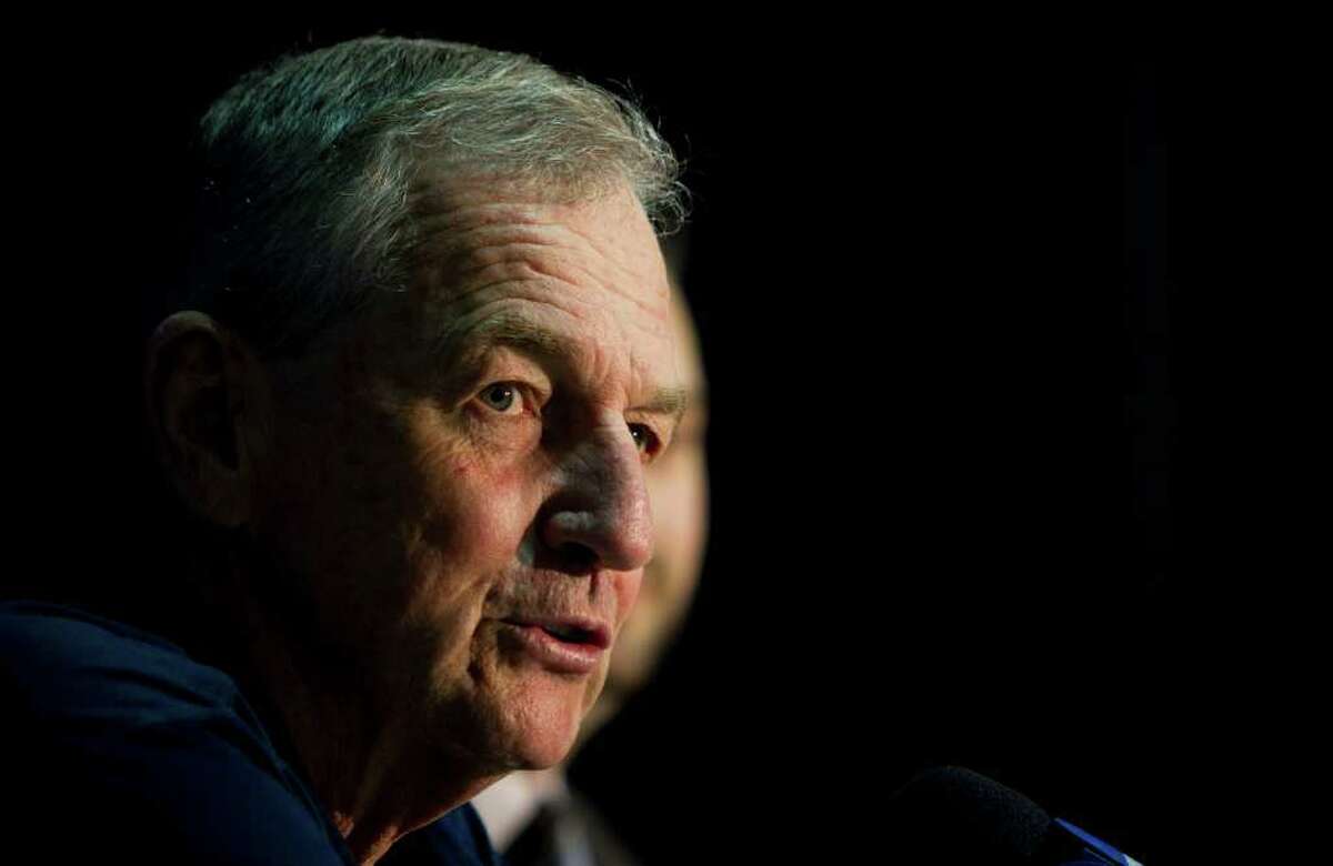 Connecticut head coach Jim Calhoun speaks during a news conference at Reliant Stadium Thursday, March 31, 2011, in Houston. ( Brett Coomer / Houston Chronicle )