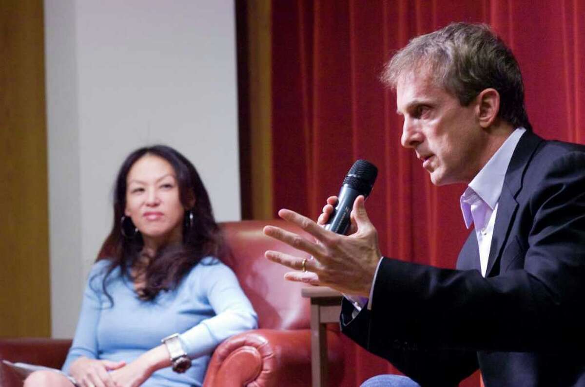 Husband-and-wife authors Jed Rubenfeld and Amy Chua speak about their books "The Death Instinct " and "Battle Hymn of the Tiger Mother" at New Canaan Library in New Canaan, Conn., April 3, 2011.