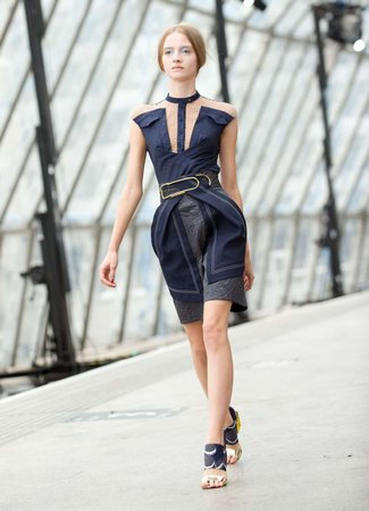 A model walks the catwalk at the Peter Pilotto fashion show.