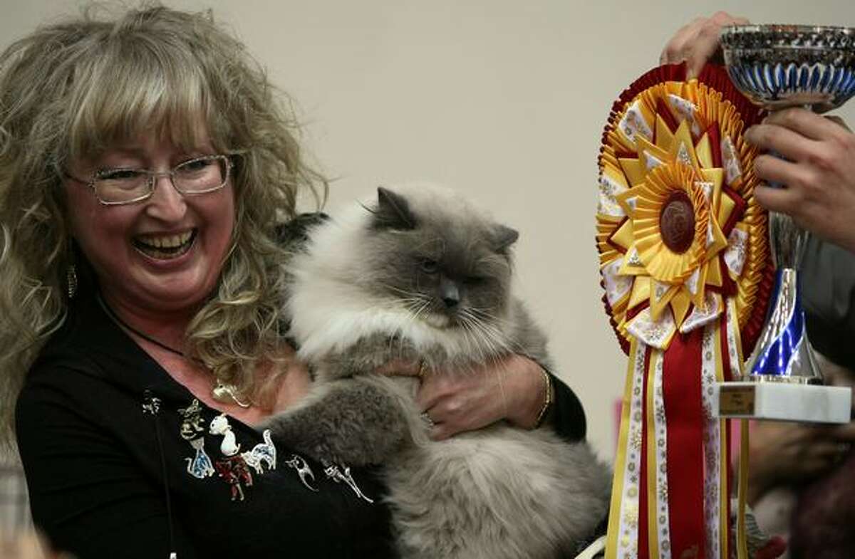 A woman reacts as her cat receives a prize during an international cat show in Moshav Beit Hefer near the coastal city of Netanya, north of Israel.