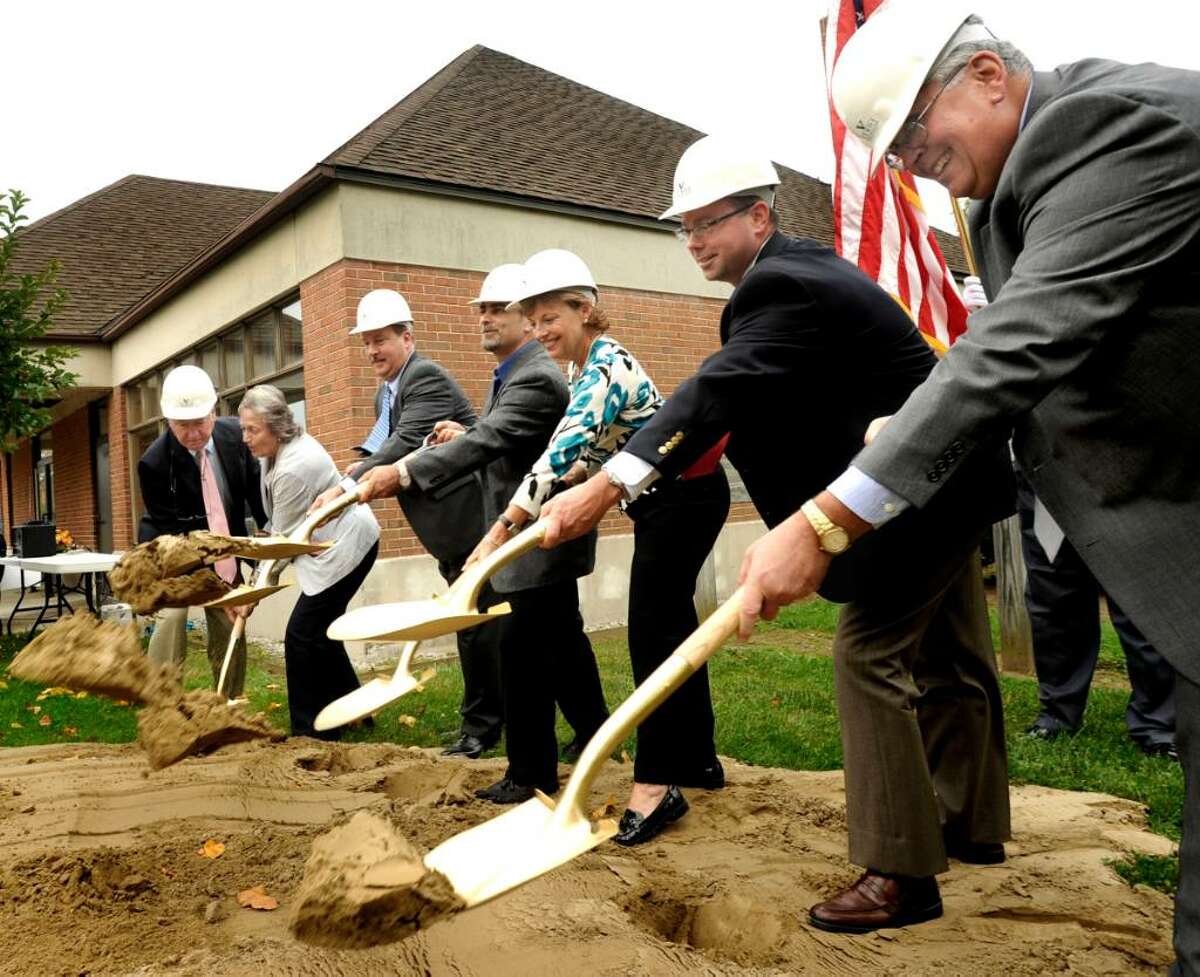 VIP's shovel dirt during thje ceremonial groundbreaking for the Brookfield Senior Renovation and Expansion on Wednesday, Sept. 23,2009. From right are: Robert Silvaggi, Kurt Verdi, Ellen Melville, Paul Checco, Joni Park, and Jerry Murphy.
