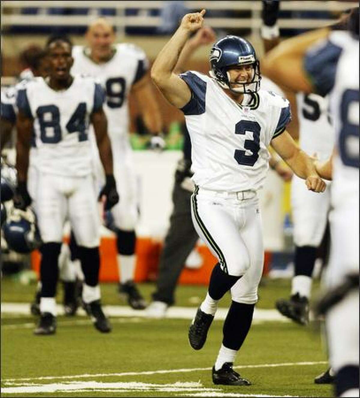 Seahawks Josh Brown celebrates his game-winning field goal over the Detroit Lions during fourth quarter action at Ford Field in Detroit.