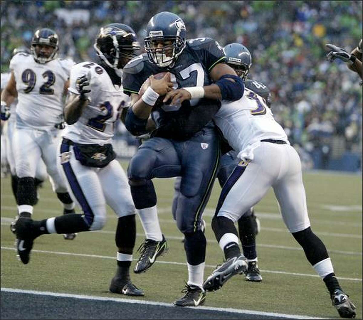 Nate Burleson of the Seattle Seahawks reacts after the play during