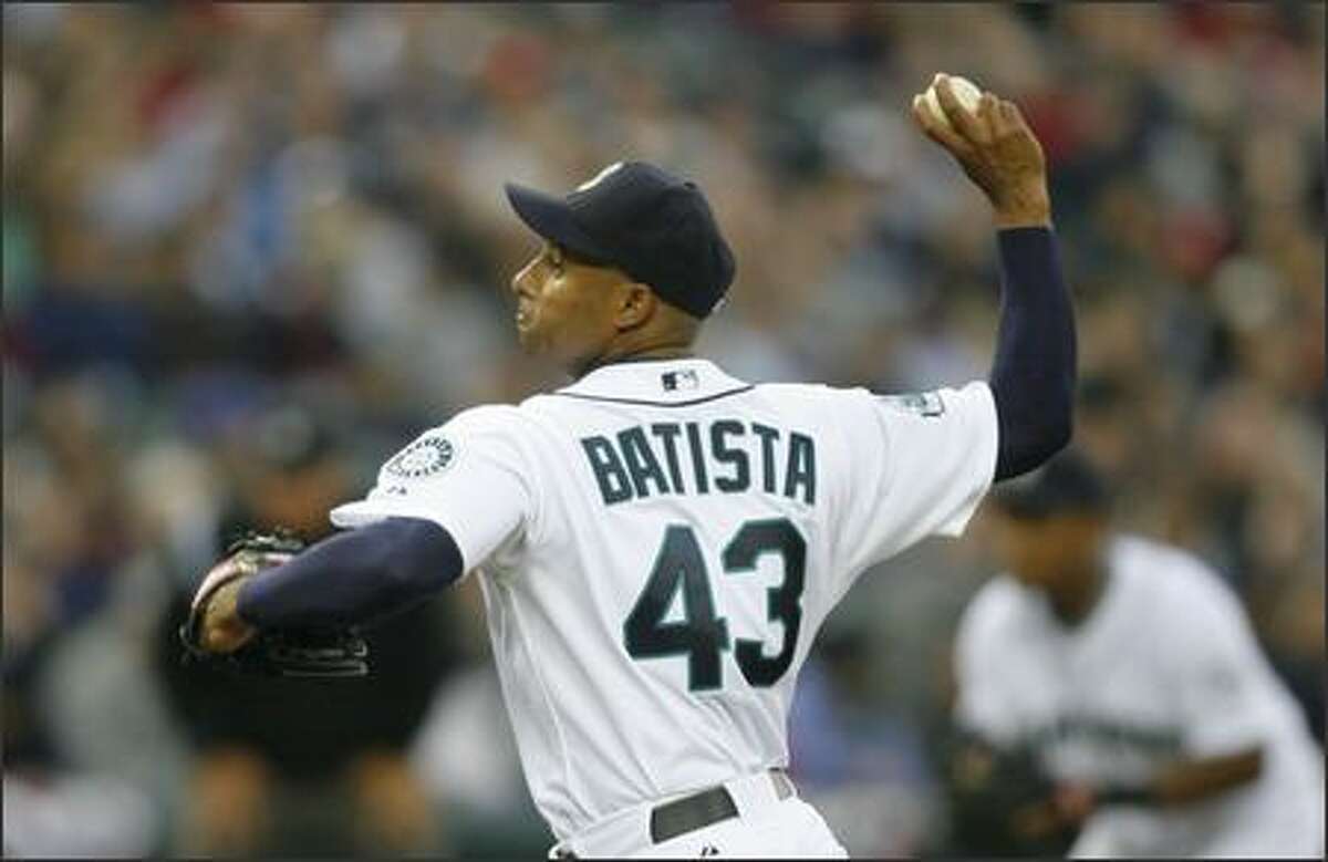 Seattle Mariners Miguel Batista struggles giving up 5-runs in the 2nd inning against the Oakland Athletics at Safeco Field on Wednesday April 4, 2007.