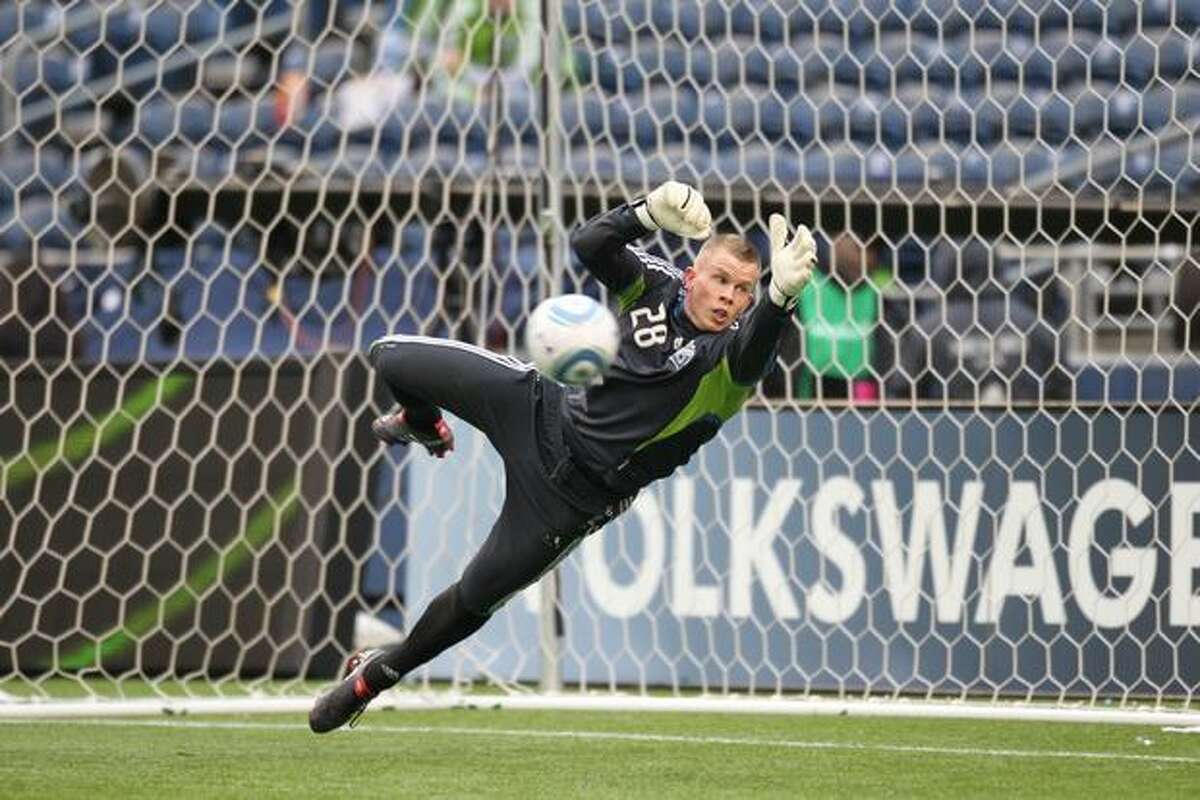 SEATTLE - APRIL 03: Goalkeeper Terry Boss #28 of the Seattle Sounders FC attempts to block a shot during warmups prior to the game against the New York Red Bulls on April 3, 2010 at Qwest Field in Seattle, Washington.