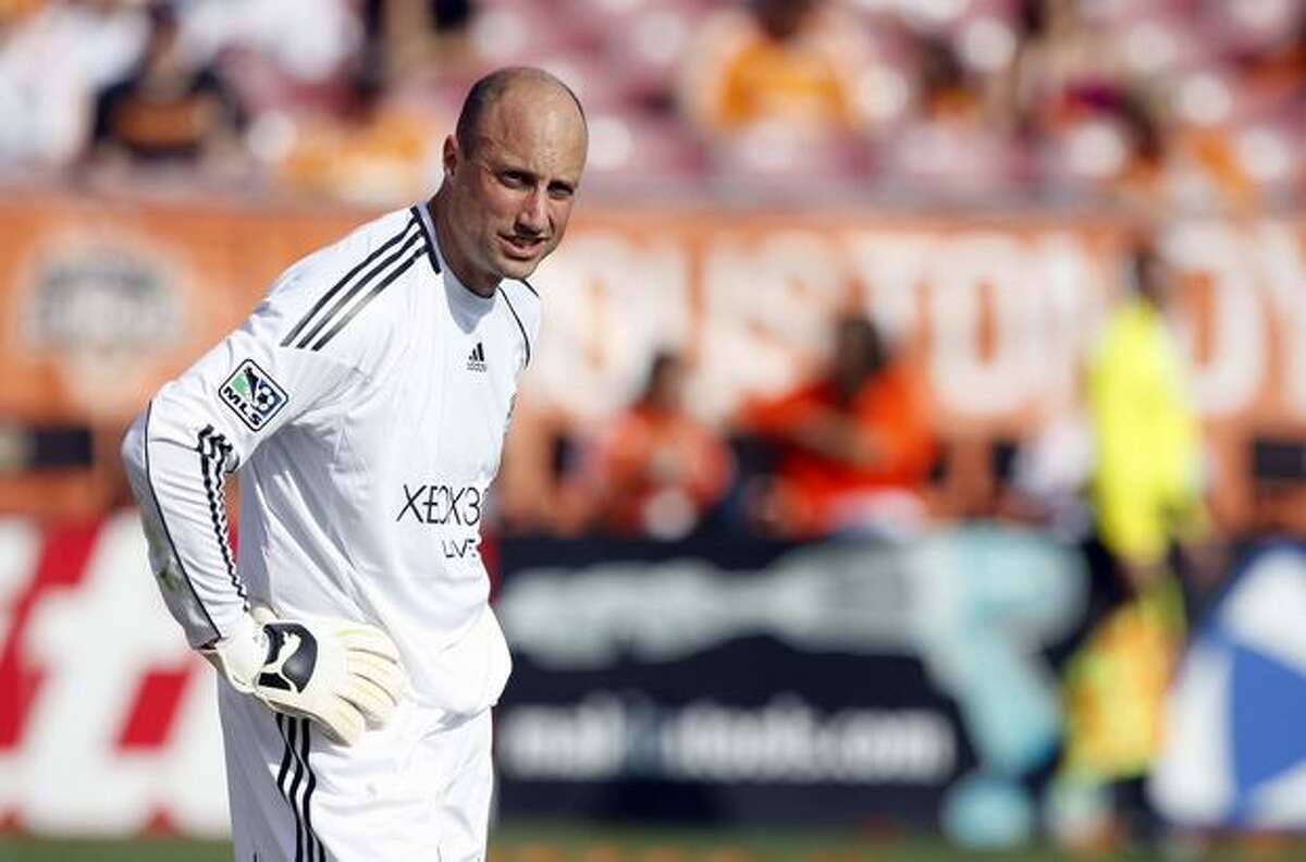 Seattle Sounders goalkeeper Kasey Keller looks on during a stoppage in play during play against the Houston Dynamo at Robertson Stadium in Houston, Texas.