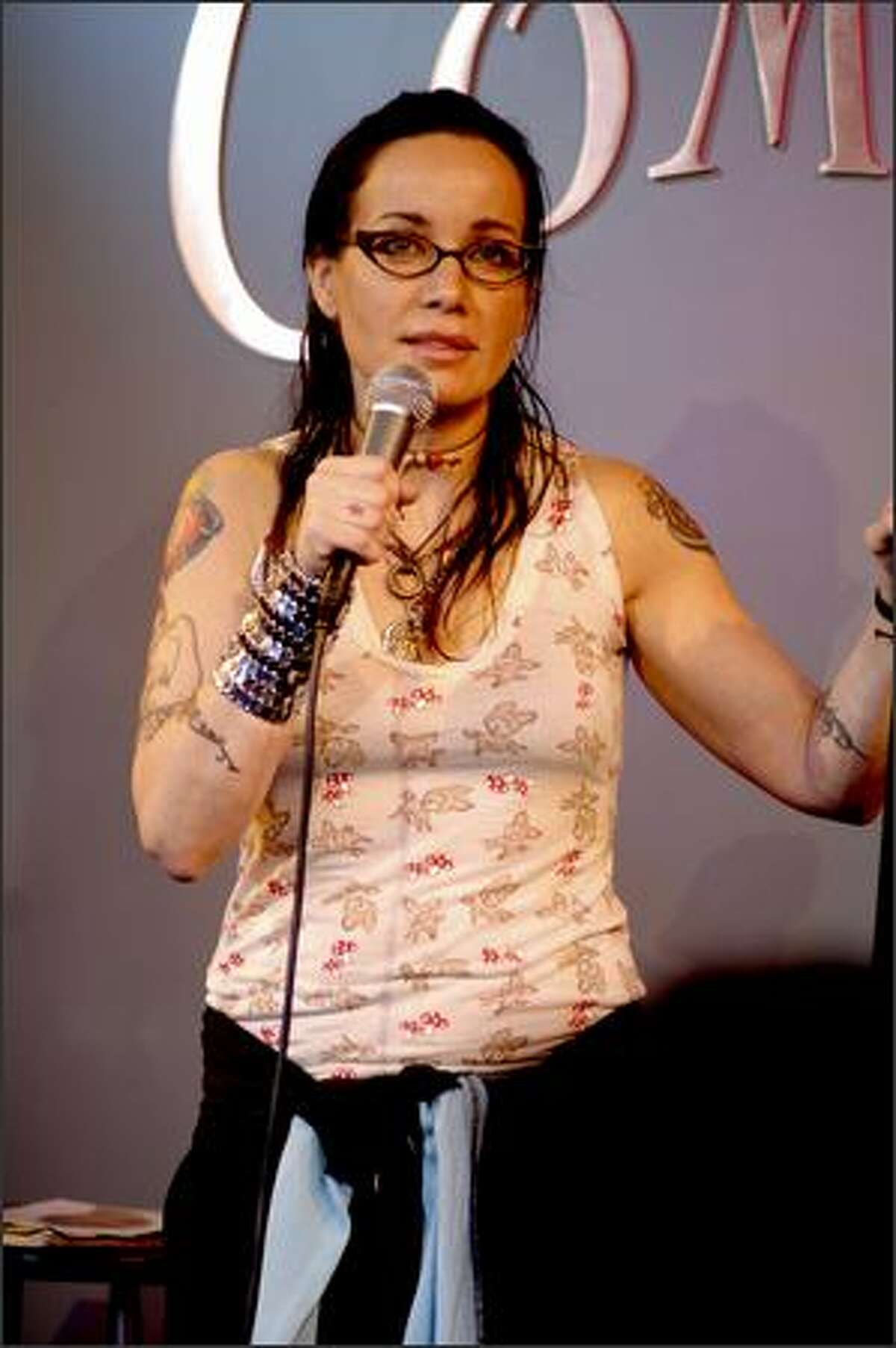 Janeane Garofalo performs at an evening with the writers and performers of Saturday Night Live at Comix on January 7, 2008 in New York City.