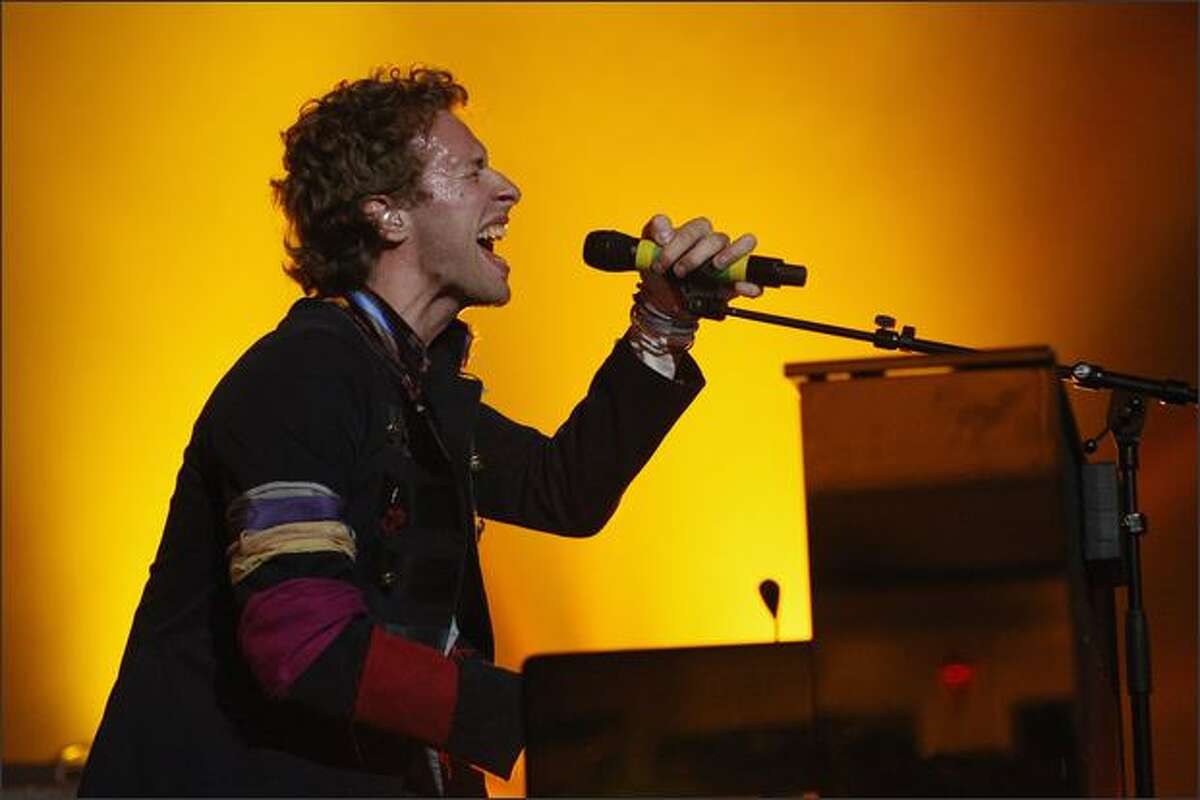 Chris Martin of Coldplay performs live on stage at Carling Brixton Academy in London, England.