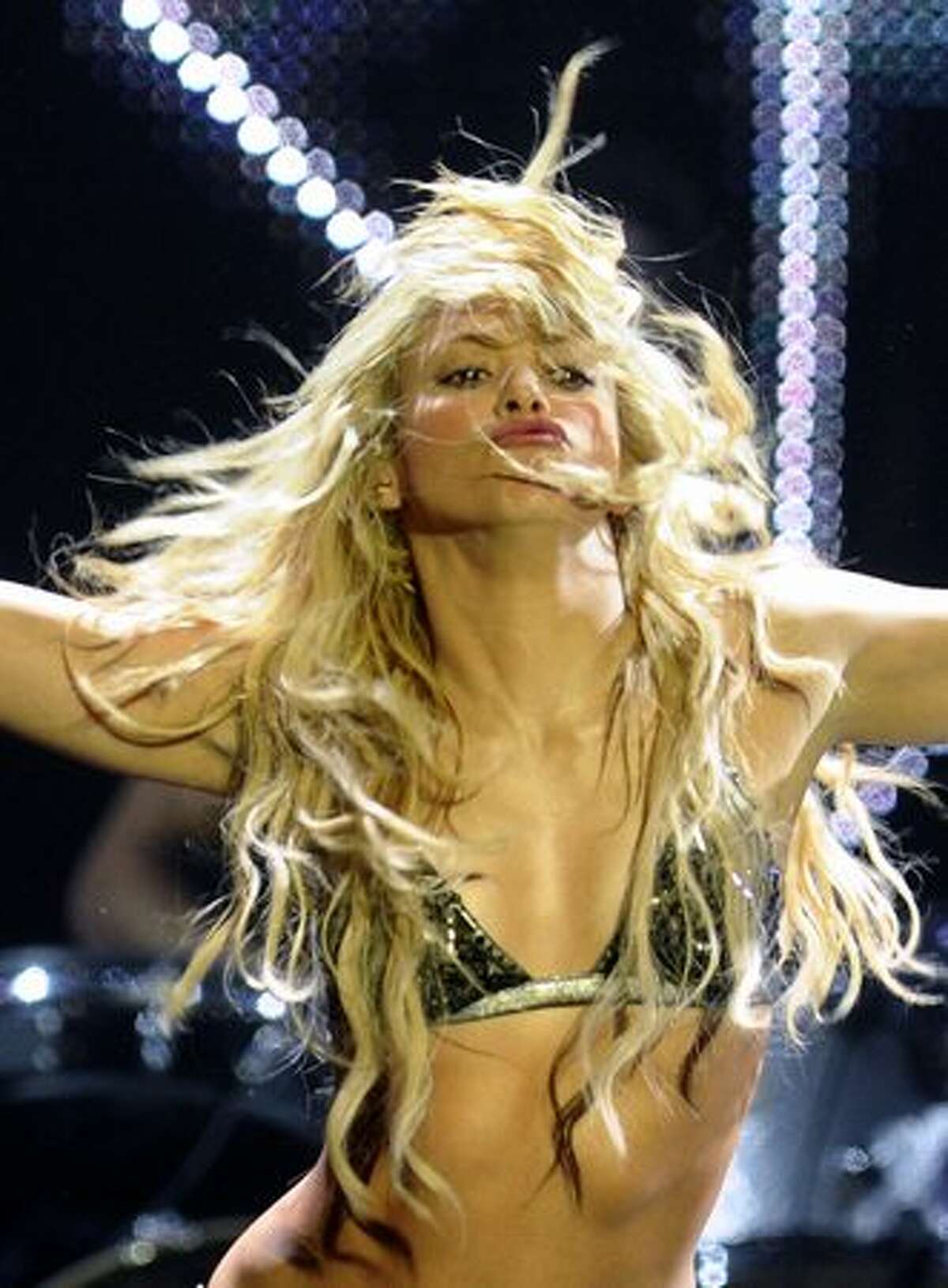 Colombian singer Shakira performs during the 2010 European MTV Awards at the Caja Magica in Madrid.