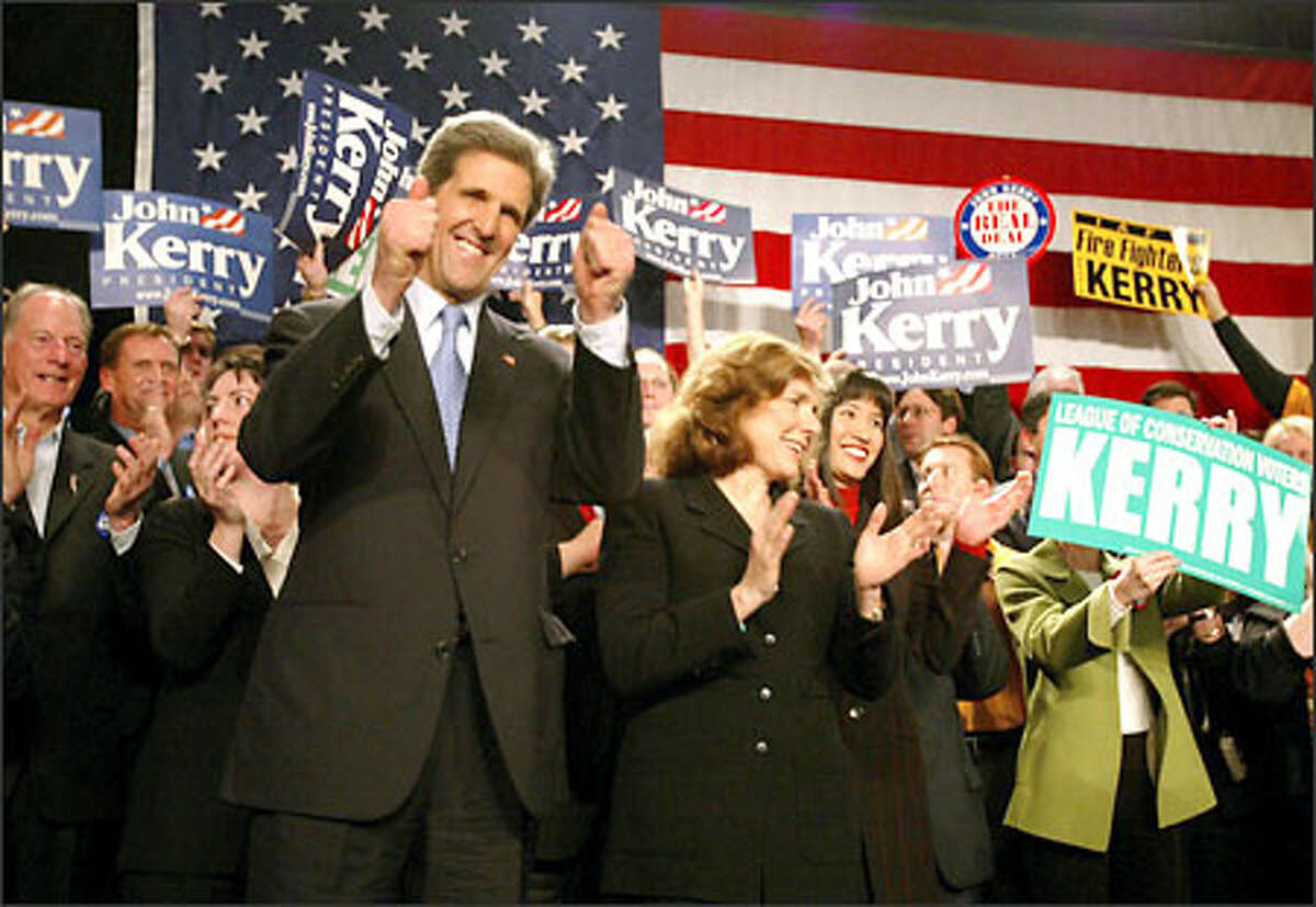 Sen. John Kerry, D-Mass., celebrates a successful day across the country during an election party at the Sheraton Hotel and Towers in Seattle.