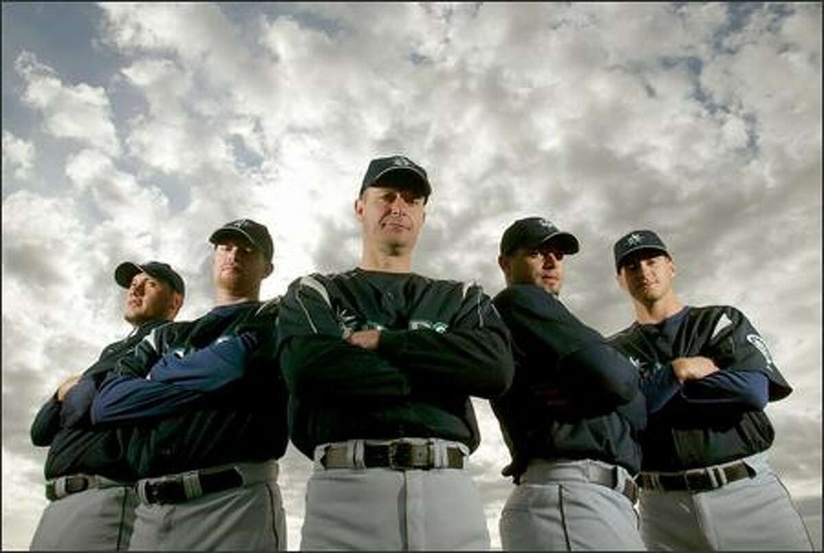 The Mariners rotation, from left, Freddy Garcia, Ryan Franklin, Jamie Moyer, Joel Pineiro and Gil Meche, combined for a 75-58 record last season when none missed a starting assignment.
