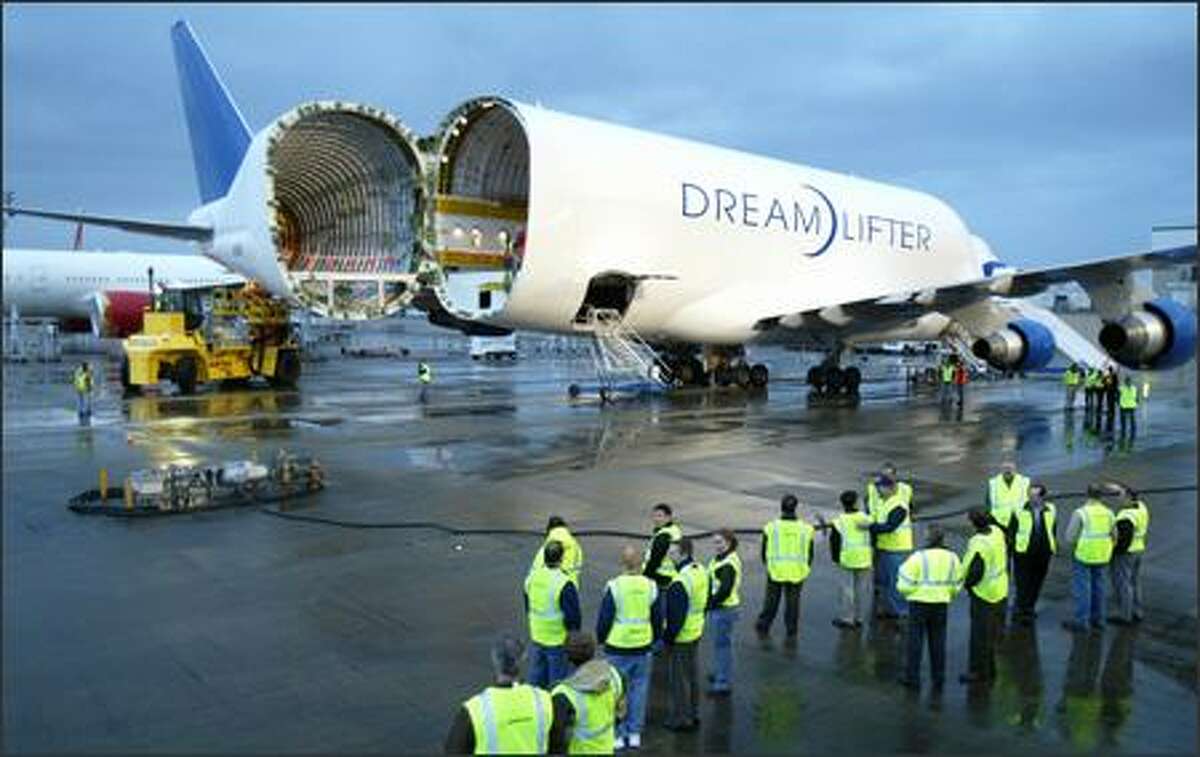 A Boeing Dreamlifter -- a modified 747-400 freighter -- sits at Paine Field in Everett on Tuesday after delivering a horizontal stabilizer for the first new 787.