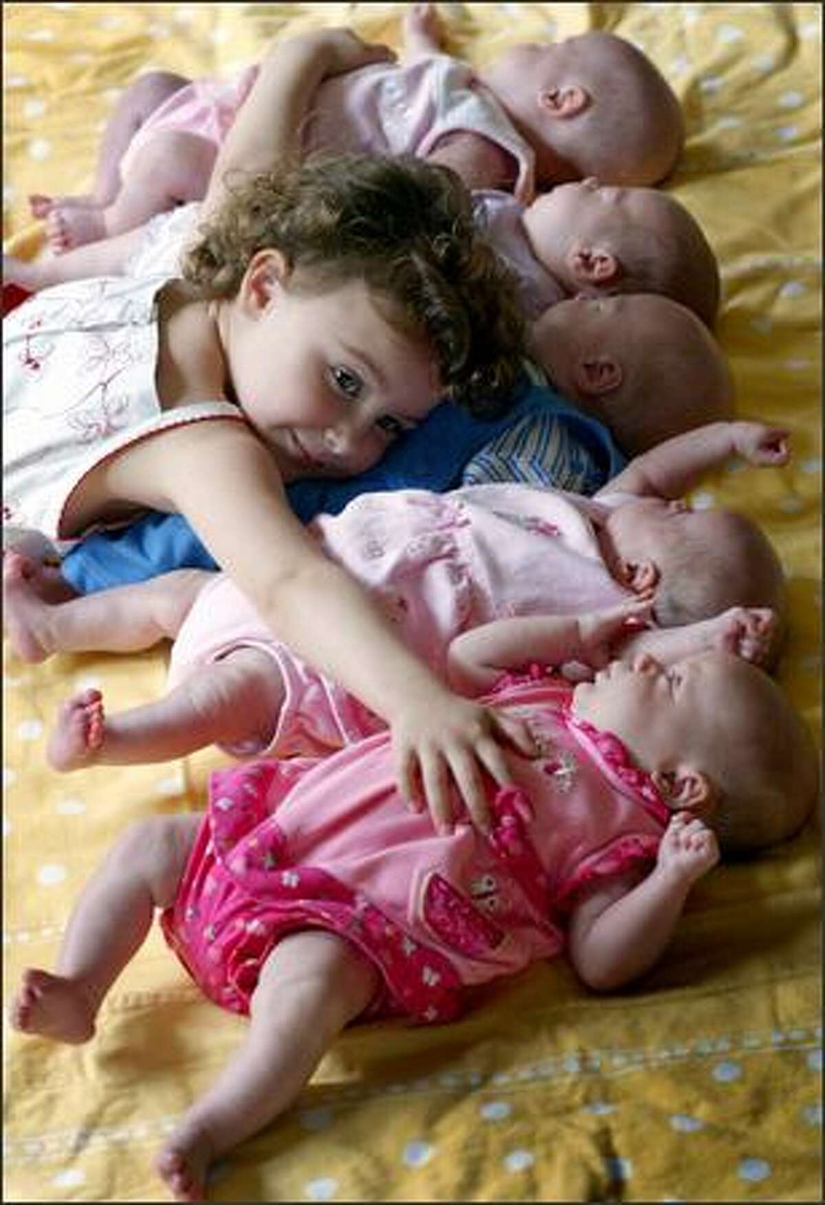 Lilli Stevenson, 3, tries to hug all of her new siblings at once at their home in Poulsbo. They're the first recorded set of quintuplets born in Western Washington. From the top: Belle, Scarlett, Weston, Camilee and Aniston were born March 30. Lilli is a very involved big sister.