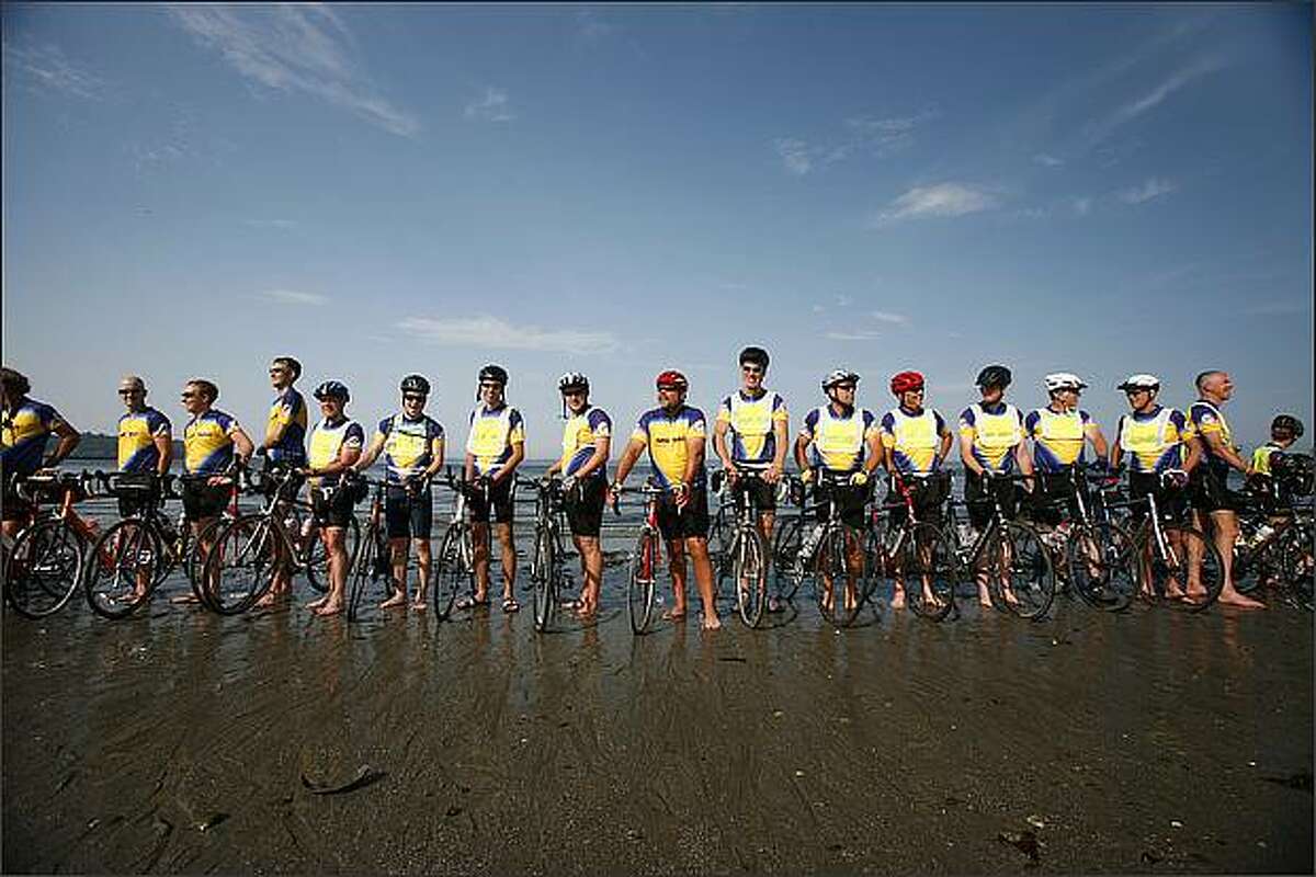 Bicyclists prepare to kick off the Sea to Sea Tour, a cross-country bike ride beginning at Golden Gardens Beach Park on Monday June 30, 2008 in Seattle. The goal of the ride, organized by the Christian Reformed Church, is to raise money and awareness of poverty. (P-I photo by Joshua Trujillo)