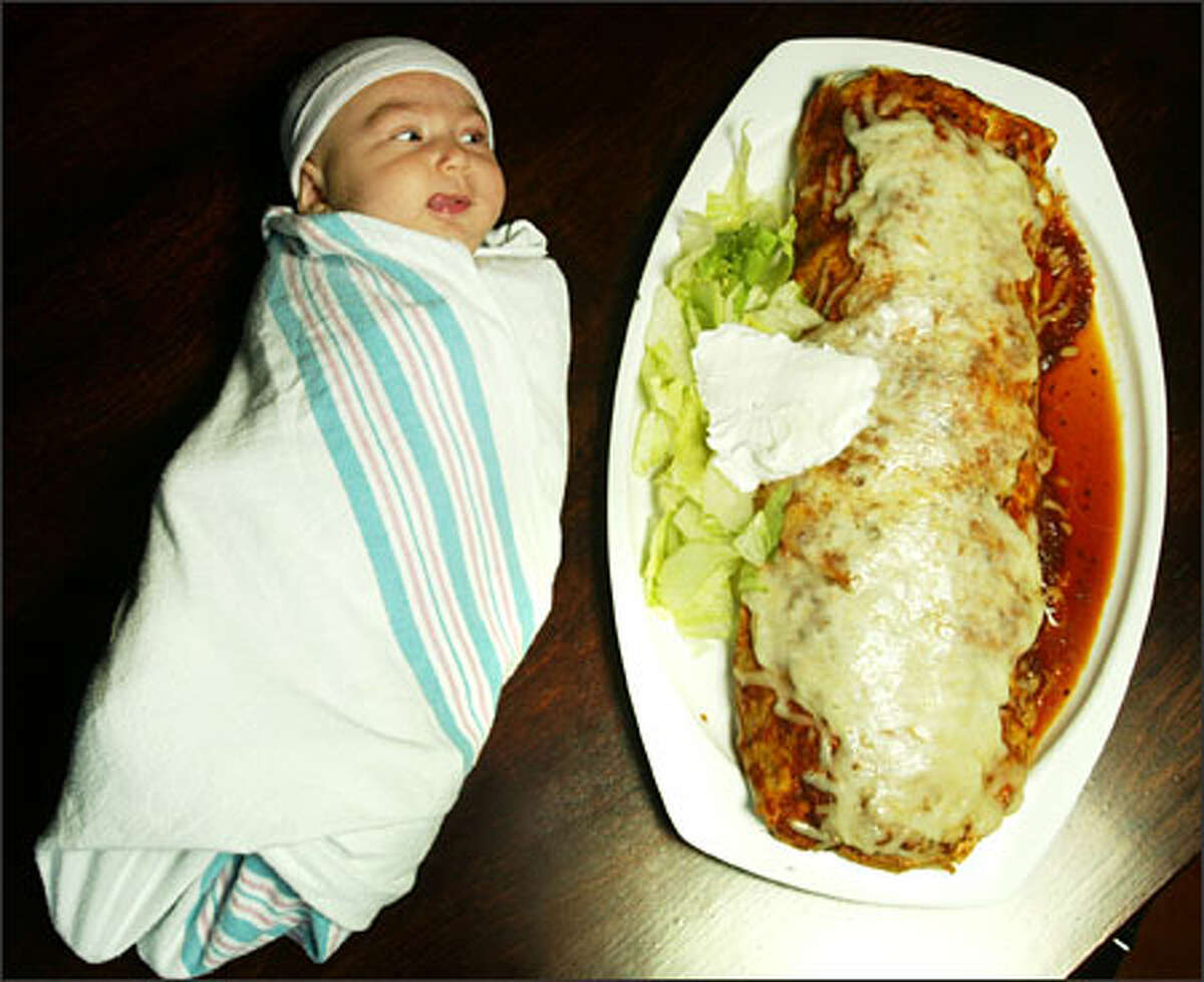 The $7.50 Gorditos Burrito Grande, billed as the burrito as big as a baby, is almost as big as this 11-week-old. You get a choice of meat in this double-tortilla-wrapped monstrosity.