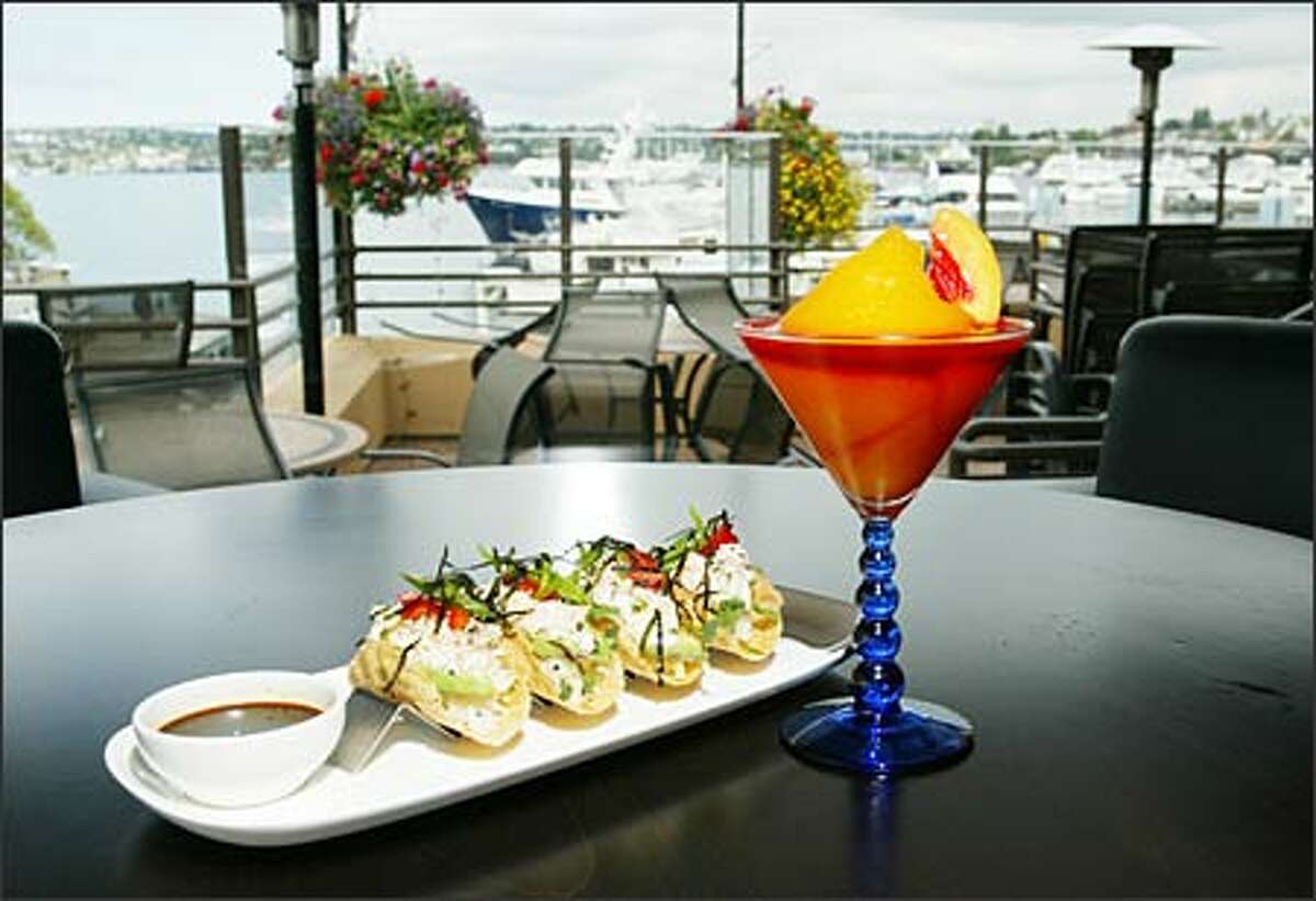 At Joeys on Lake Union, shimmering water views and a men's-club ambience come with a menu of oddities and old favorites. Pictured: California Sushi Tacos and a Bellini.