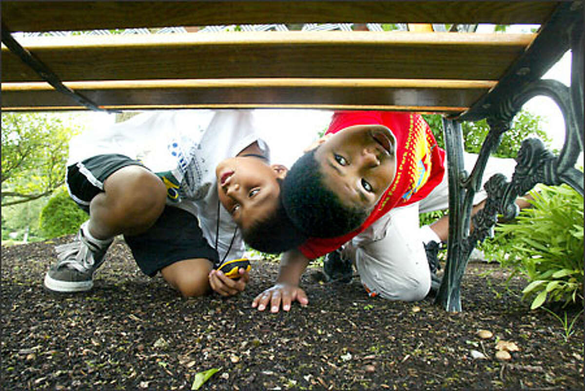 Nine-year-old Marco Willis, left, and Alexander Thompson, 7, search under a bench for clues while looking for hidden treasure by geocaching in Edmonds.