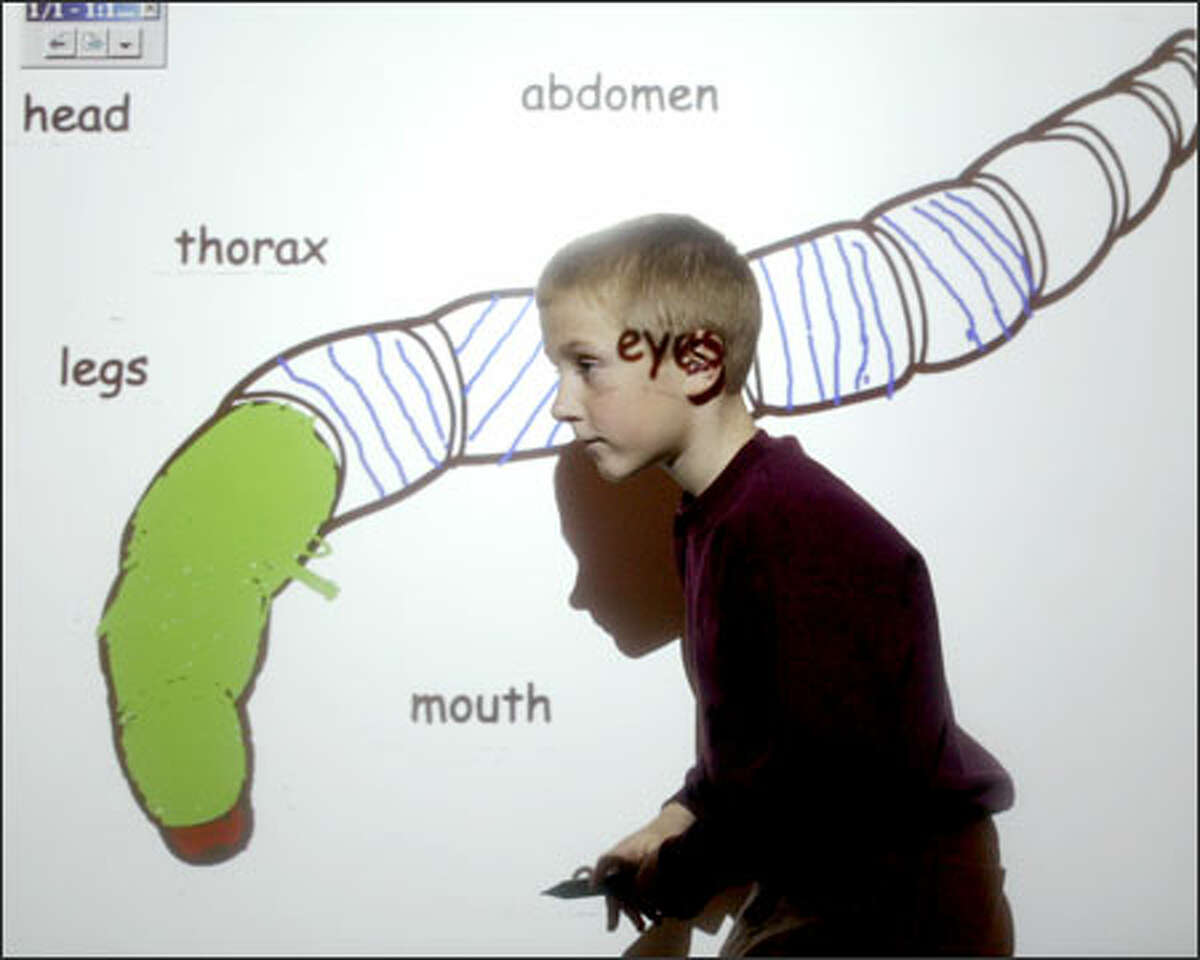 Brandon Galland, a second-grader at Phantom Lake Elementary School in Bellevue, steps down from a large whiteboard after coloring the abdomen of a mealworm. The image on the whiteboard -- called a SMART Board by the manufacturer -- is being projected from a computer screen being used by a teacher.