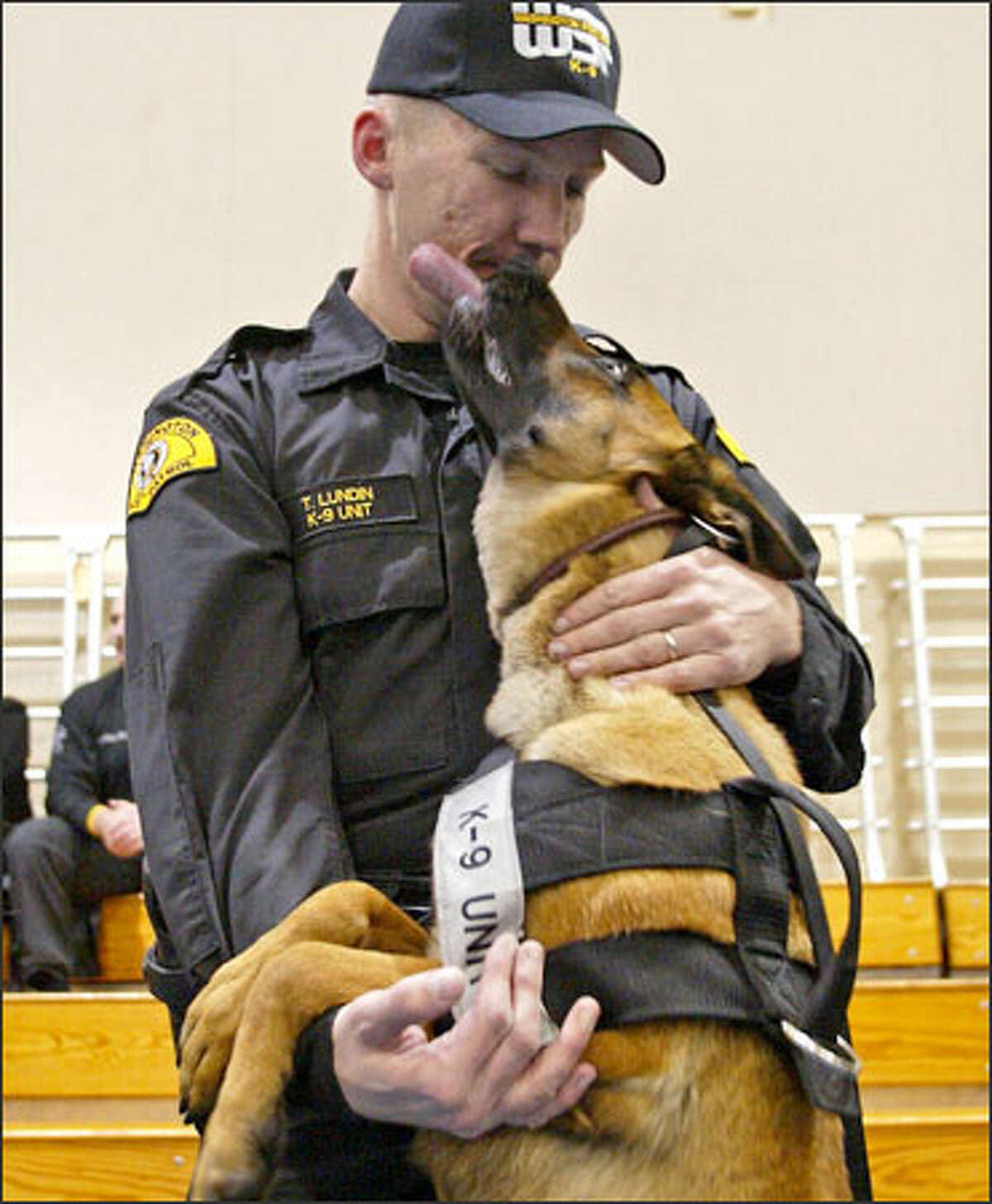 State Patrol Trooper Thomas Lundin gets a big, sloppy kiss from 2-year-old Penny, a Belgian Malinois. Penny is an explosive-detection dog. Twenty dogs with the patrol's Canine Unit graduated at the patrol's academy near Shelton on Tuesday. The dogs will help provide security for Washington State Ferries and in other locations throughout the state.