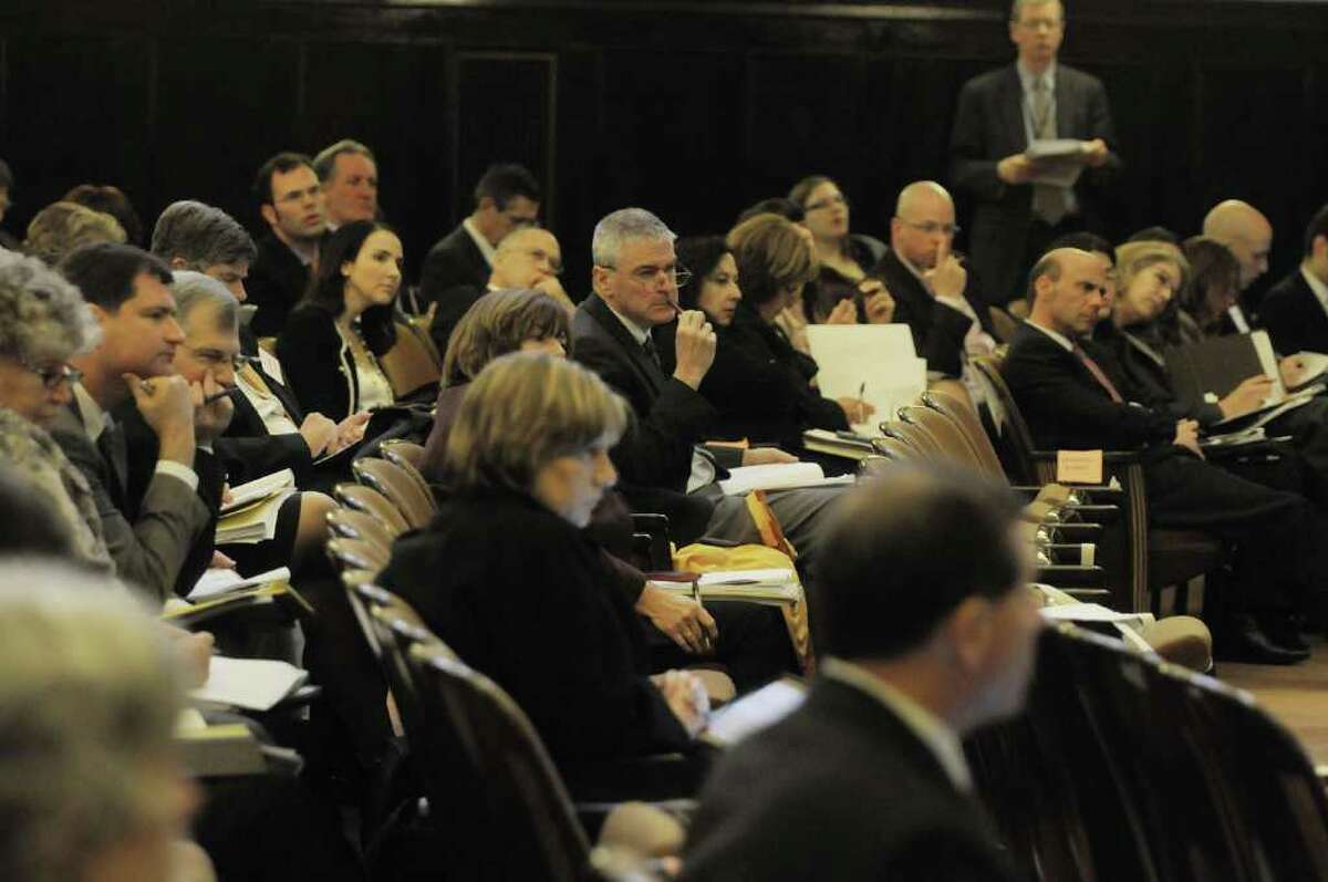 Audience members listen to the discussion during a New York State Board of Regents meeting on Monday, April 4, 2011, at the State Education building in Albany, NY. The meeting was held for board members to hear from and question those who worked on the Regents Task Force on Teacher and Principal Effectiveness report. (Paul Buckowski / Times Union)