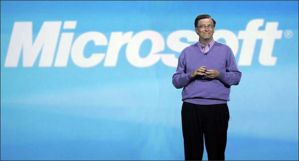 Microsoft chairman Bill Gates delivers the keynote address at the Consumer Electronics Show in Las Vegas, Sunday, Jan. 6, 2008. (AP Photo/Paul Sakuma)