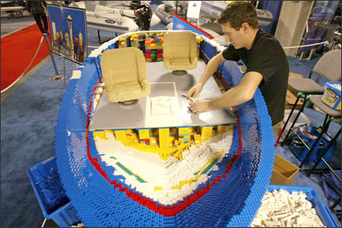 Nathan Sawaya has been putting in 14- to 18-hour days building his Chris-Craft replica at the Seattle Boat Show.
