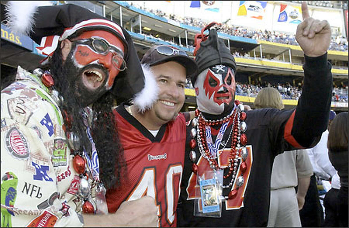 Tampa Bay Buccaneers fans get together prior to the start of Super Bowl XXXVII pitting their team against the Oakland Raiders in San Diego.