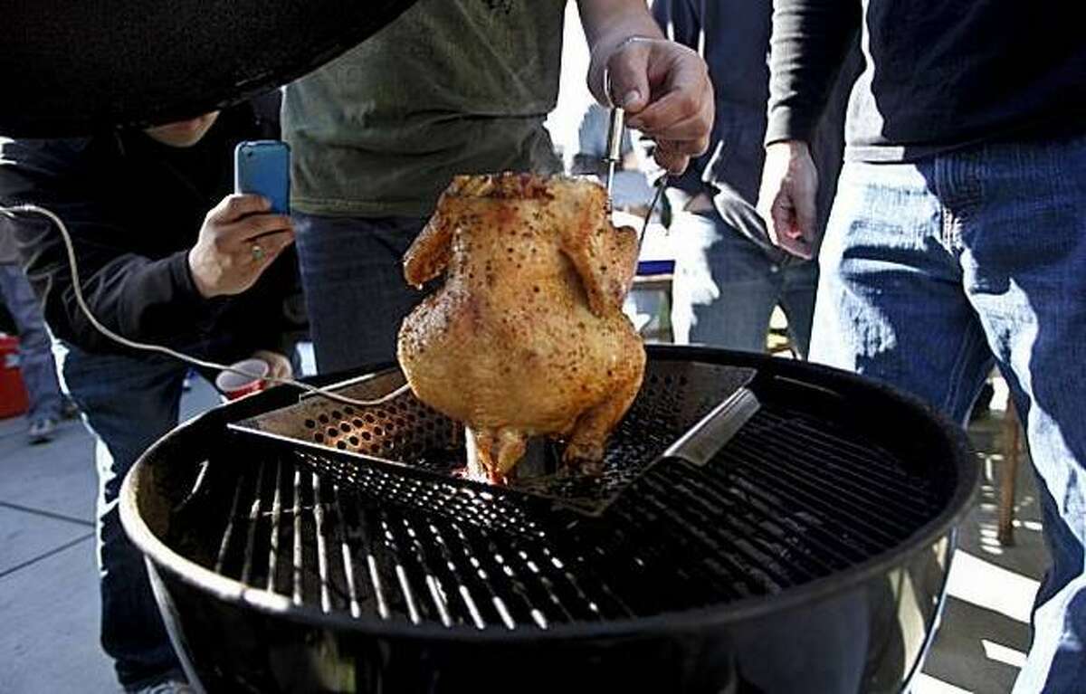 With the noble bird firmly perched atop the proper beverage container and placed on the barbecue grill, the Man Cave beer-can chicken cooker clearly did a fine job, as it was designed to do.