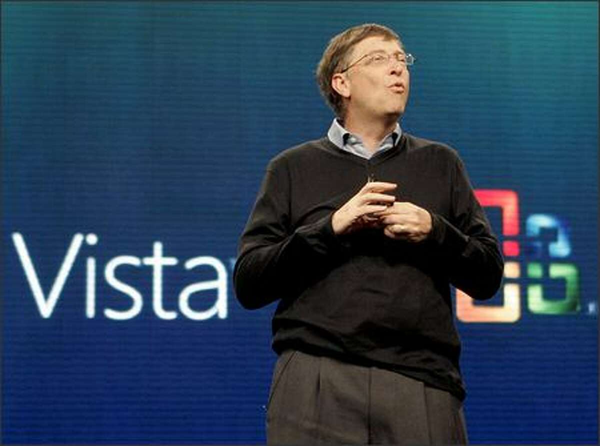 Bill Gates, chairman of Microsoft Corp., introduces the Windows Vista operating software Monday in New York. The software goes on sale Tuesday.