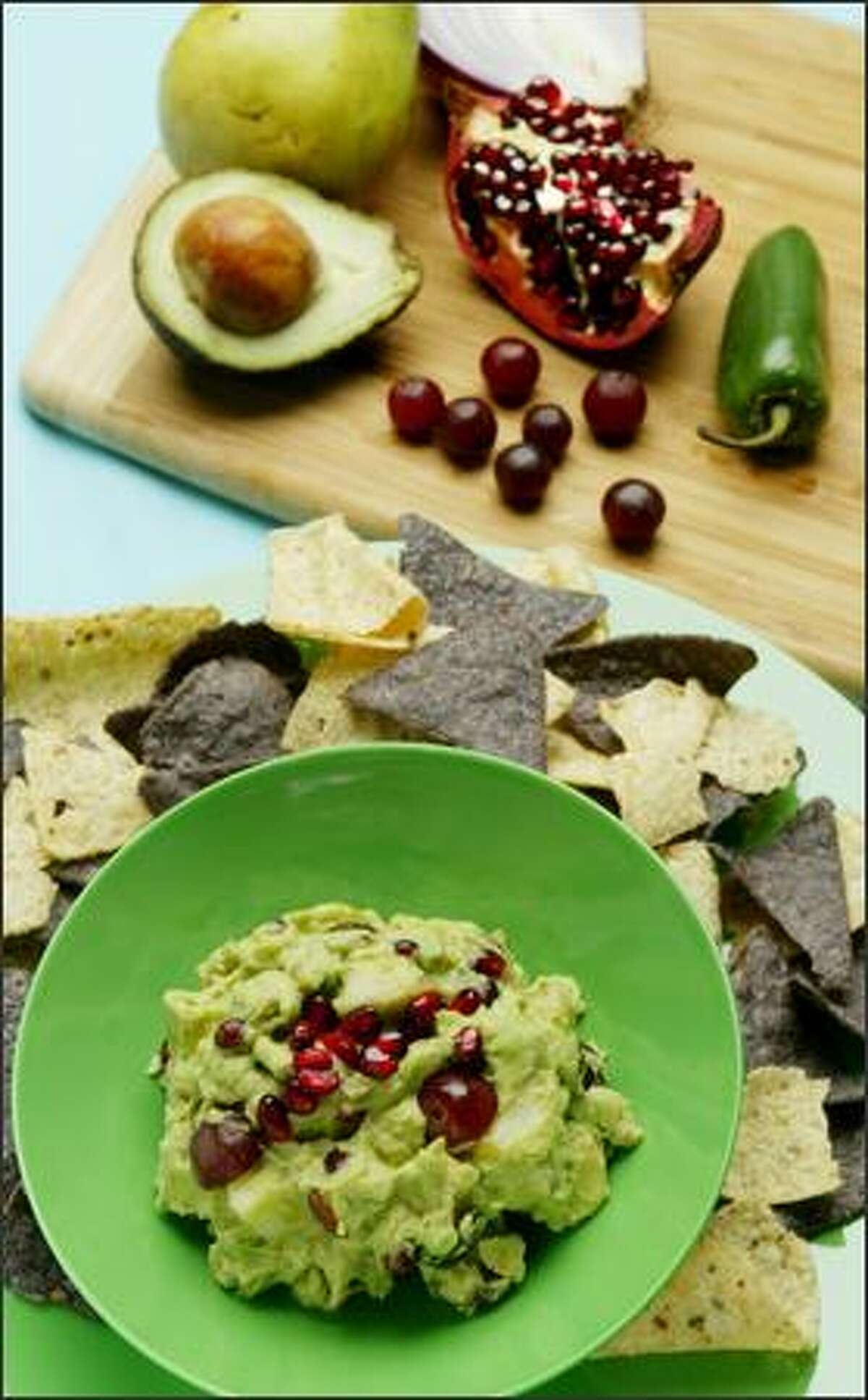 The Guacamole Chamacuero includes Bartlett pears, red grapes and oh-so-hip pomegranate seeds.