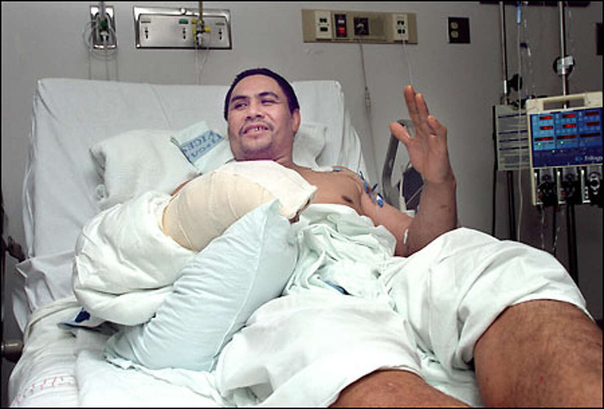 Patrick Laulu, recovering at Harborview Medical Center, talks about how he was lifted from the deck of a fishing ship off the Aleutians after his hand was severed by a fish saw.