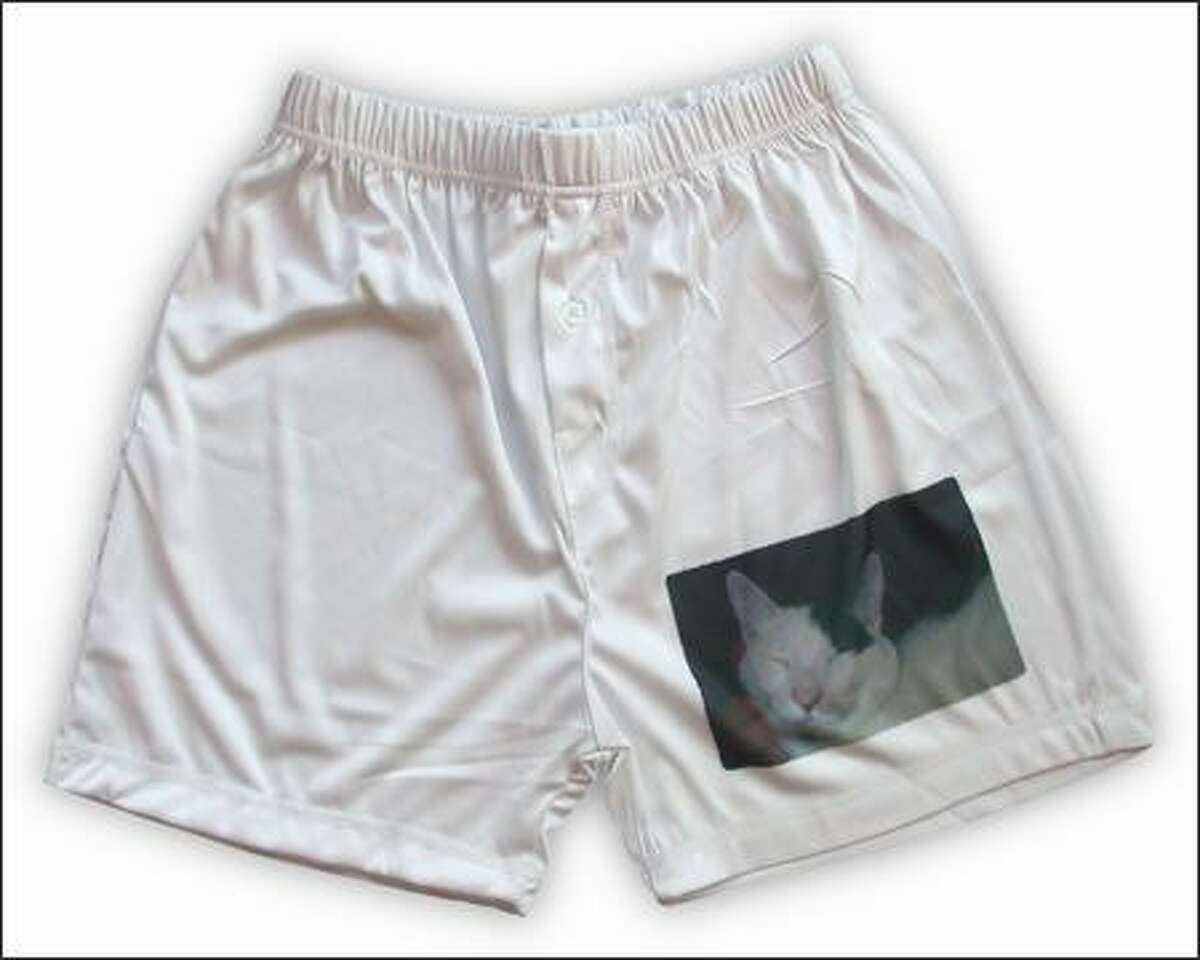 This photo of kitty Musetta adorns a pair of boxers custom printed by Snapfish.com. The shorts, $19.99, can be personalized with most digital photos. Other imprintables include baseballs and teddy bears.