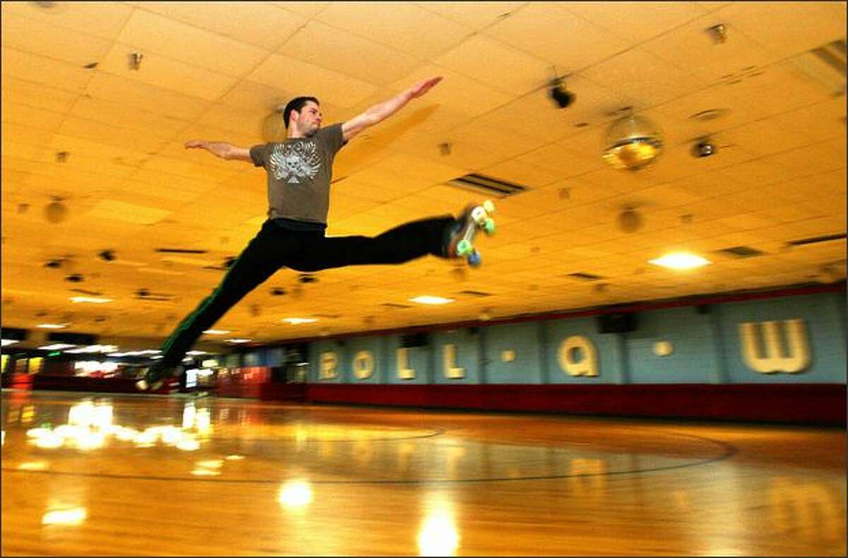 Josh Rhoads practices his routine at Lynnwood Bowl & Skate, where he also is a manager and teaches roller-skating. Rhoads is known in competitive skating circles for his artistry and grace.