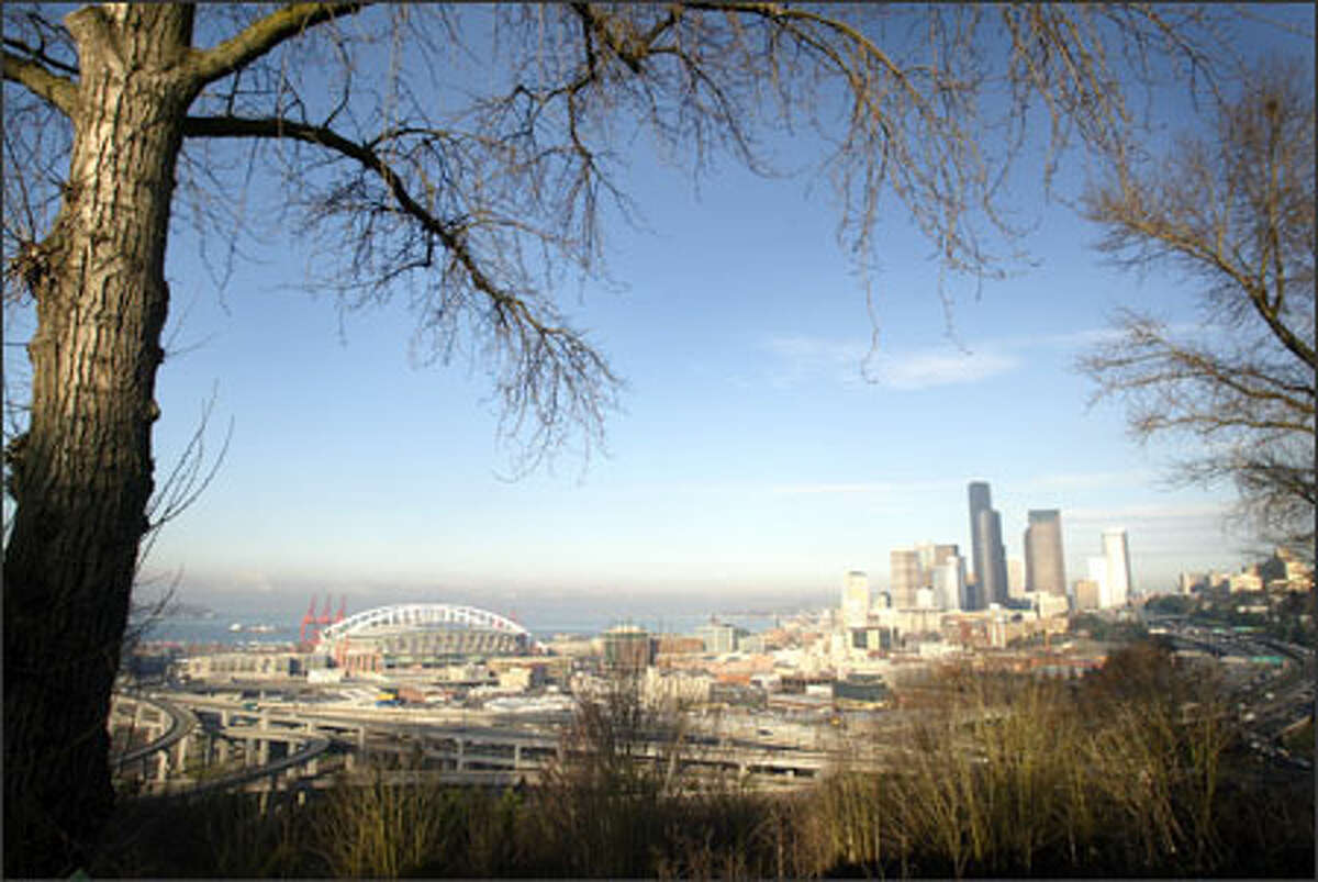 The edge of Dr. Jose Rizal Park offers a dramatic view of downtown Seattle.
