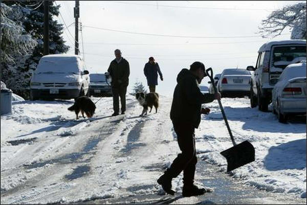 Pat and Warren Nagourney walk their dogs Callie and Ilse in Lake Forest Park Thursday morning as Phil Hoffman clears away the snow "so we can all go to work."