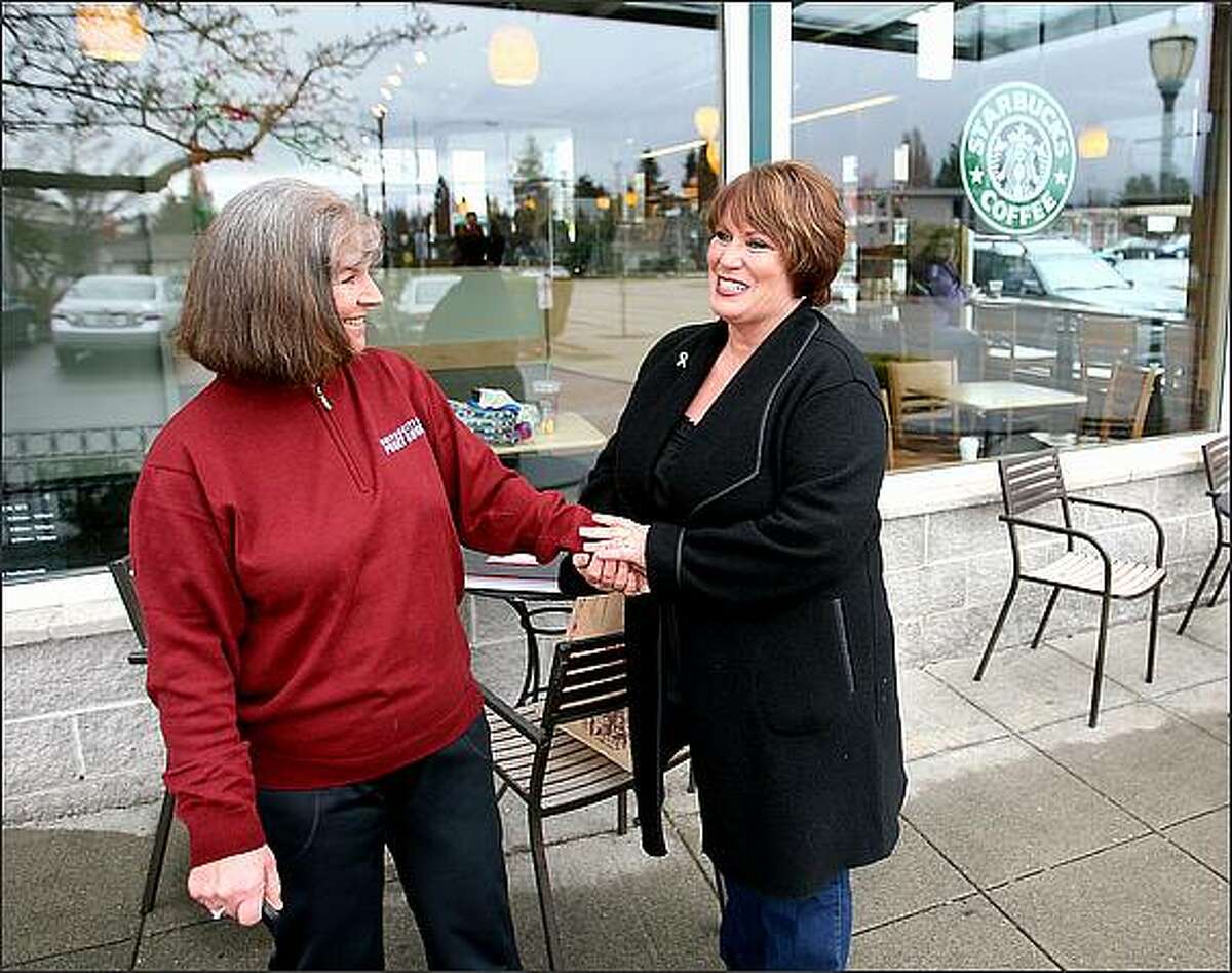 What Annamarie Ausnes, left, needed a year ago was a kidney. Not only did she receive one from donor Sandie Andersen, who at that time was a stranger. Ausnes also feels she gained a sister. The two women visit here at the Starbucks in the Proctor District of Tacoma.