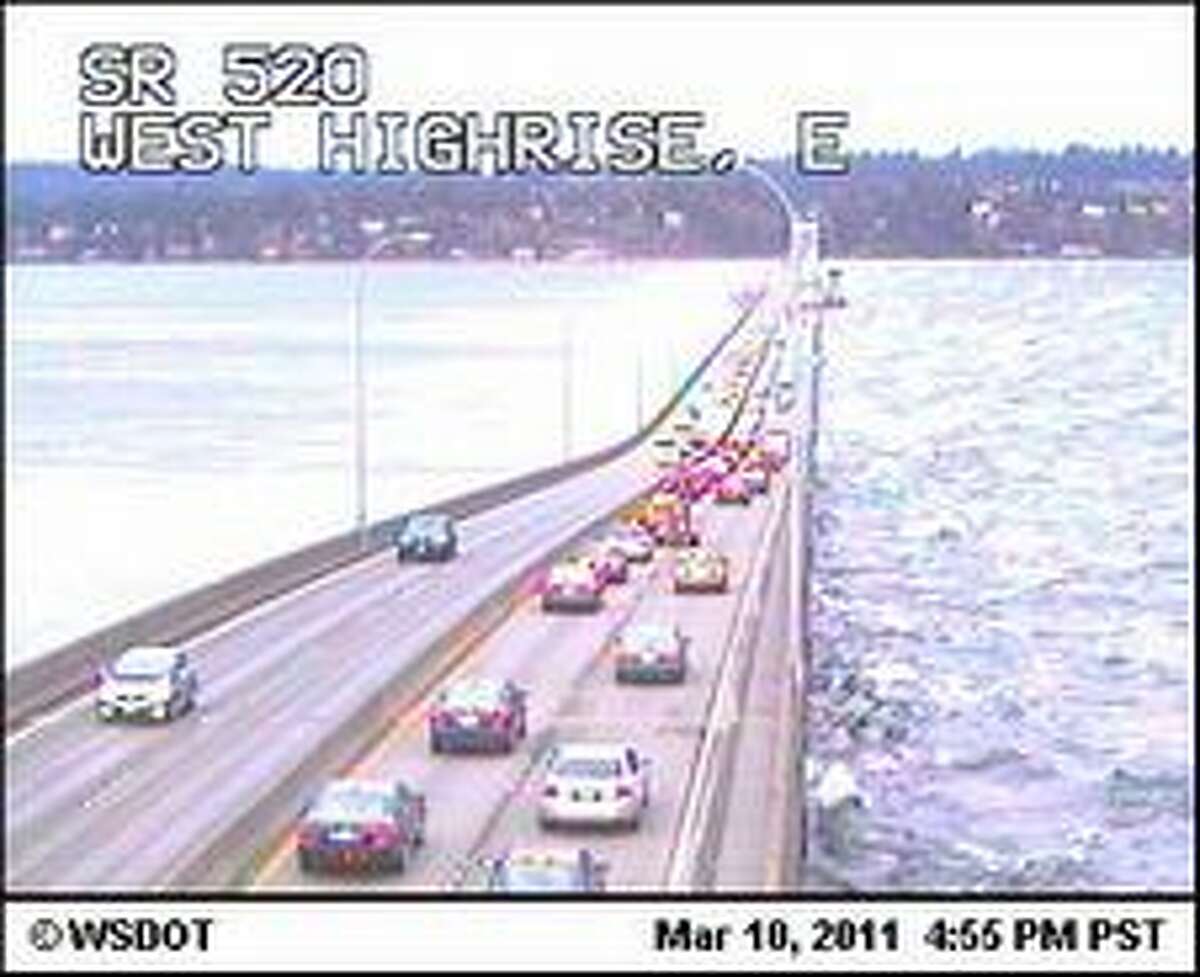 White caps on Lake Washington as seen from State Route 520 on Thursday, March 10, 2011. Forecasters have issued a high wind warning of 60 mph gusts for the Seattle area (photo by WSDOT).