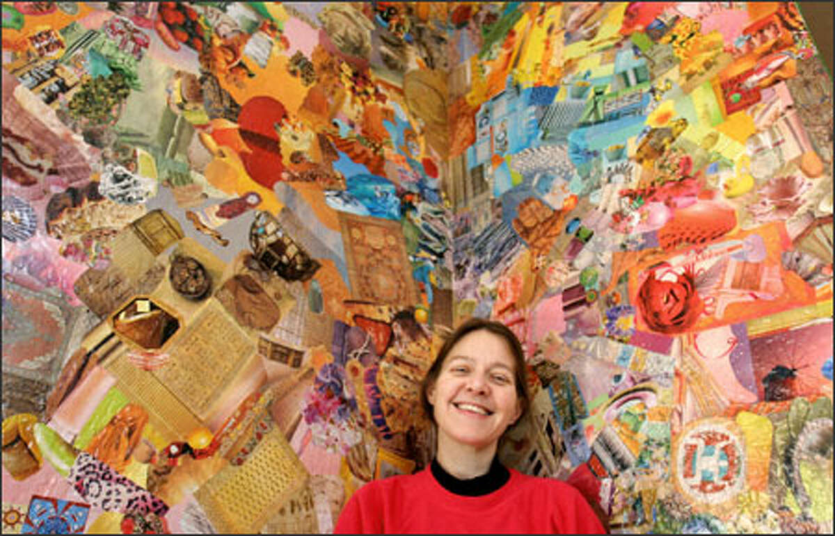 After a brain tumor was removed from the left side of Sandy Allen's brain, she began art therapy sessions that unleashed the artist she never knew existed. She is shown here in her home in front of a wall she collaged using pictures from magazines.