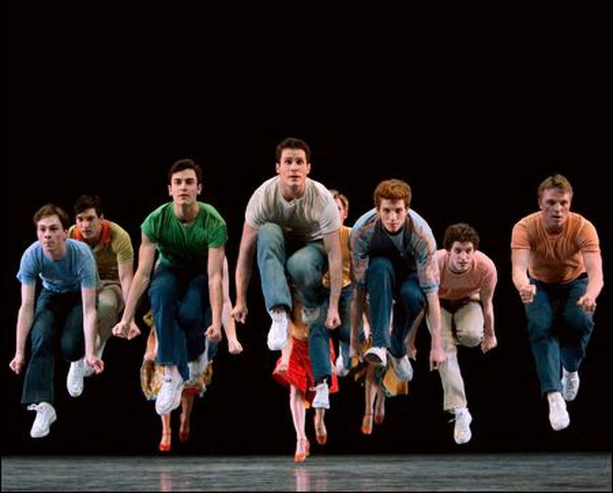 Pacific Northwest Ballet dancers, including soloist Seth Orza (center) as Riff, perform "Cool" from Jerome Robbins' "West Side Story Suite." (Angela Sterling)