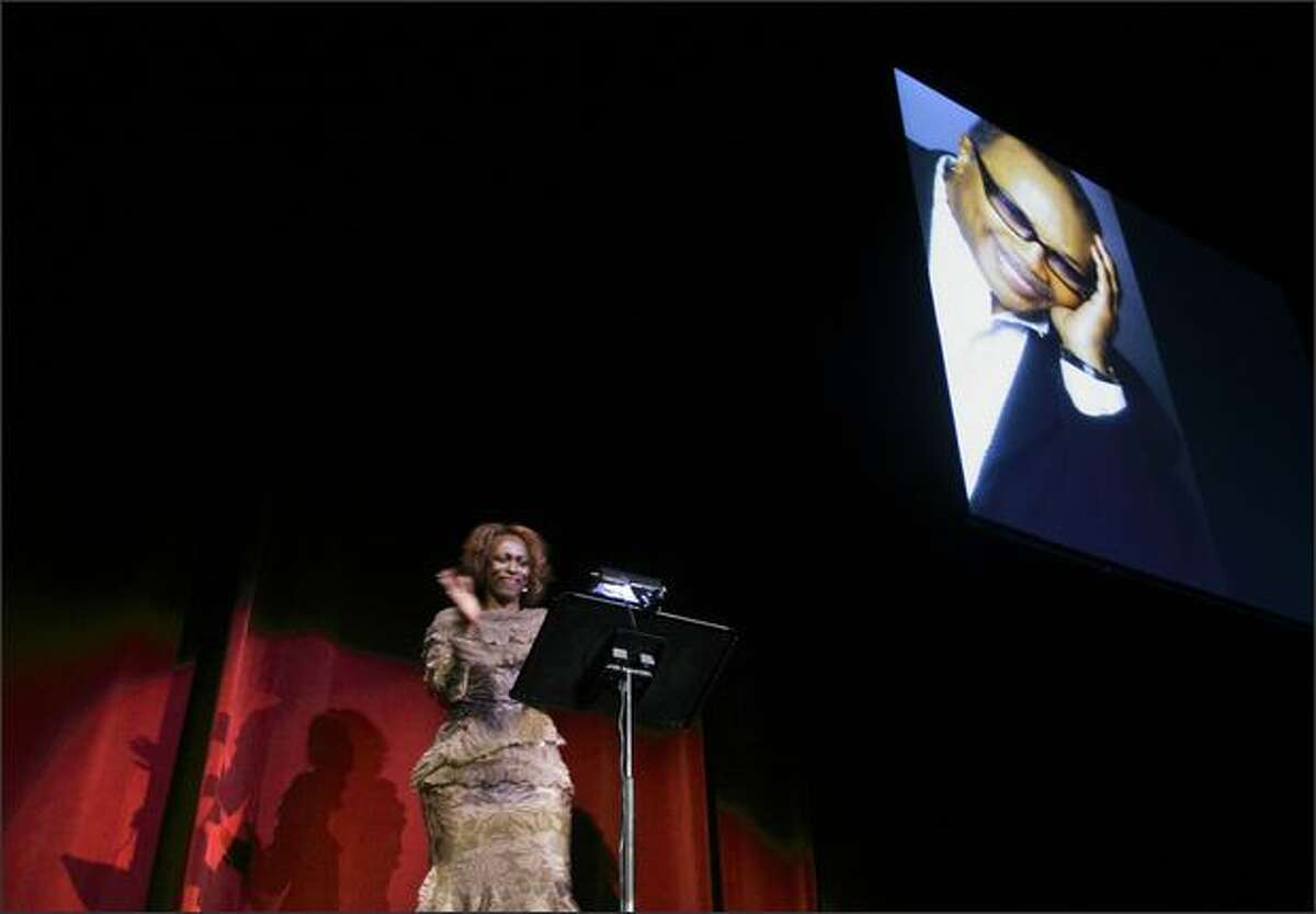 Vivian Phillips speaks to an audience gathered at the Paramount Theater for a presentation of a Lifetime Achievement Award to Quincy Jones in Seattle Sunday, March 16, 2008. The tribute included performances by the Garfield High School Jazz Ensemble, directed by Clarence Acox, James Ingram Band, Carlos Santana, Siedah Garrett and others.